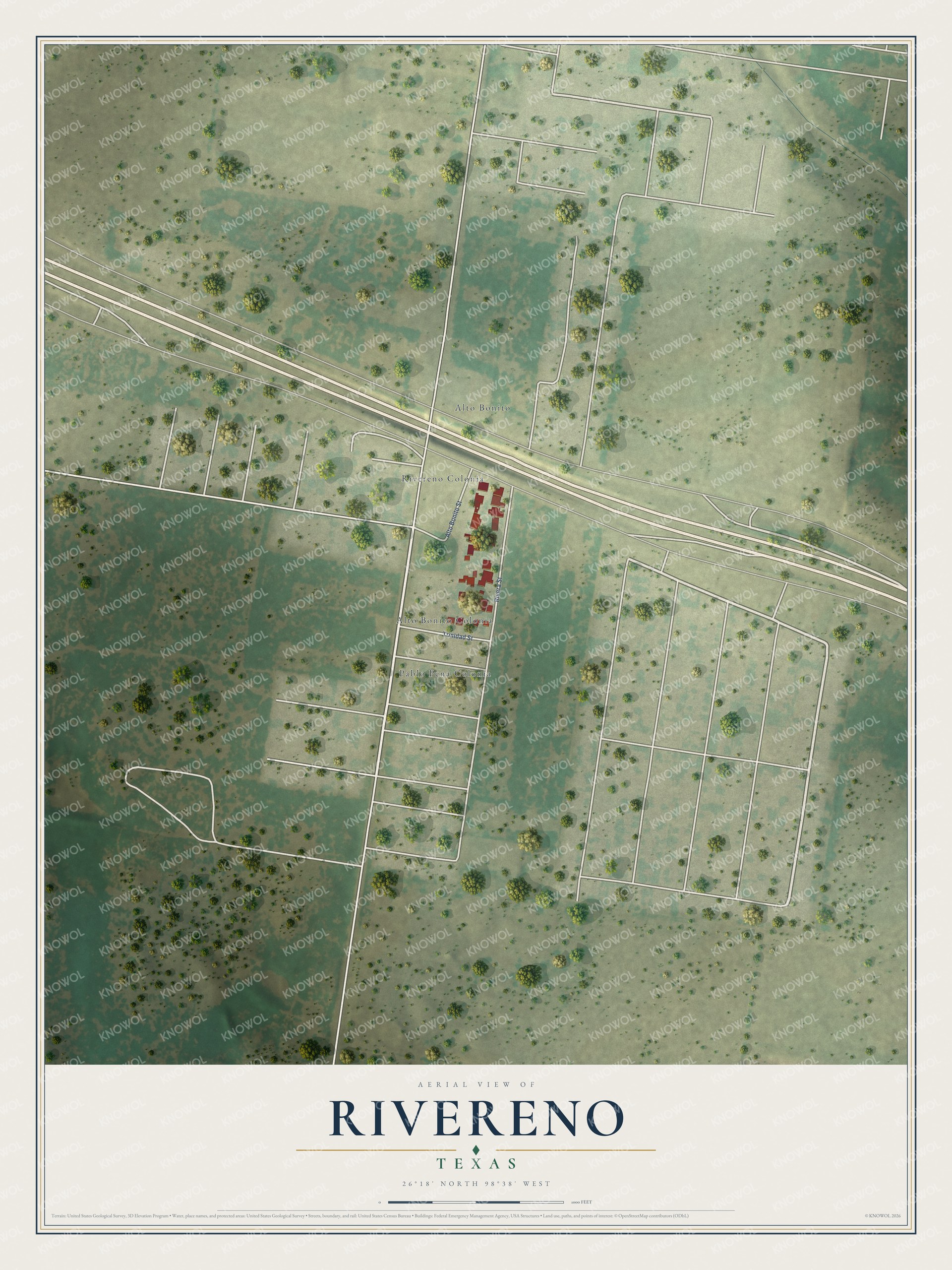 Full map of Rivereno, Texas, with red buildings, printed street names and the land around them