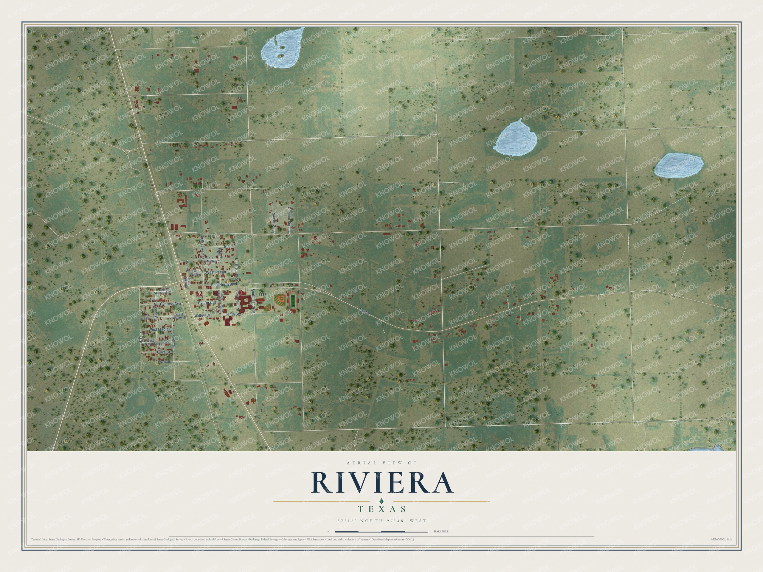 Full map of Riviera, Texas, with red buildings, printed street names and the land around them