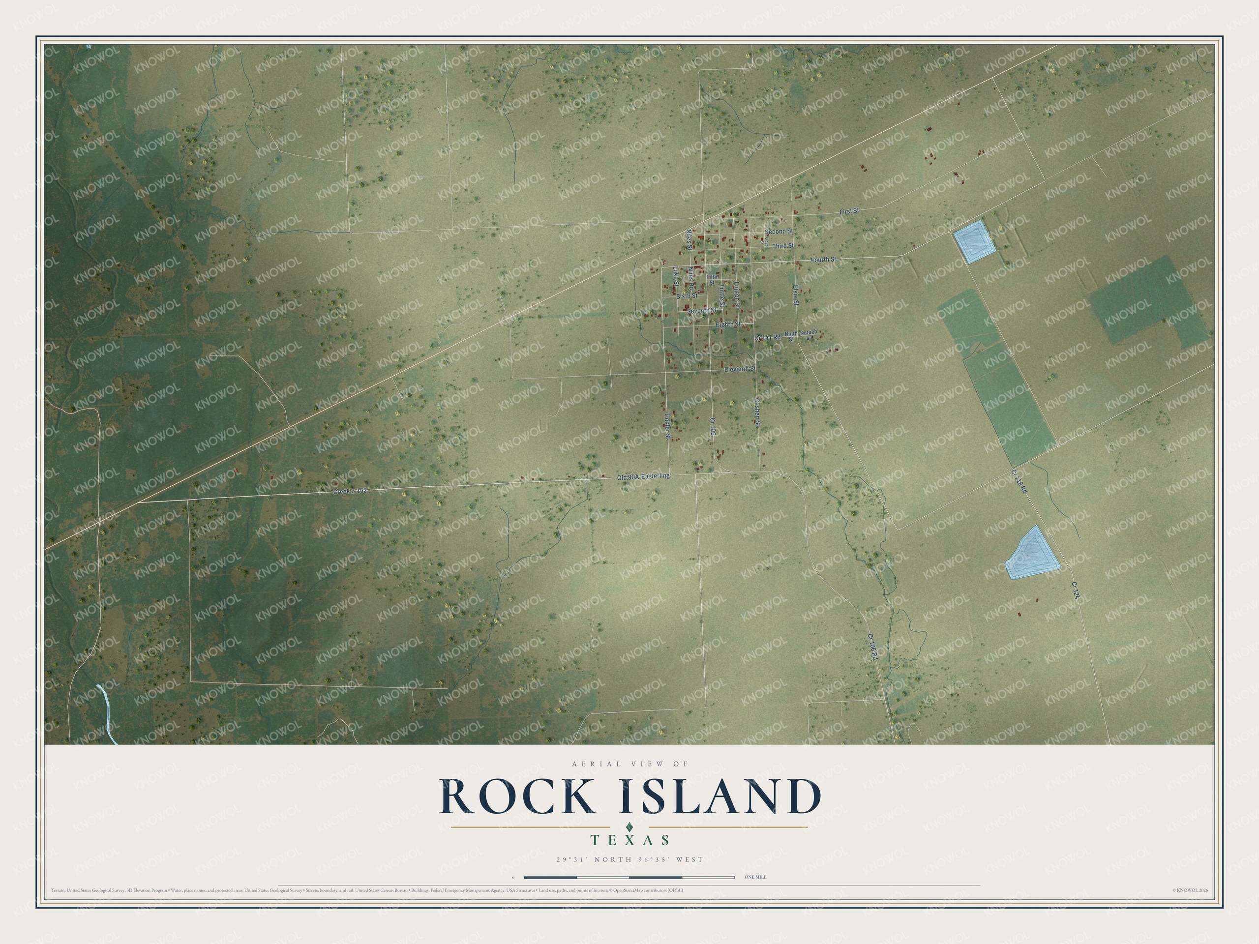 Full map of Rock Island, Texas, with red buildings, printed street names and the land around them