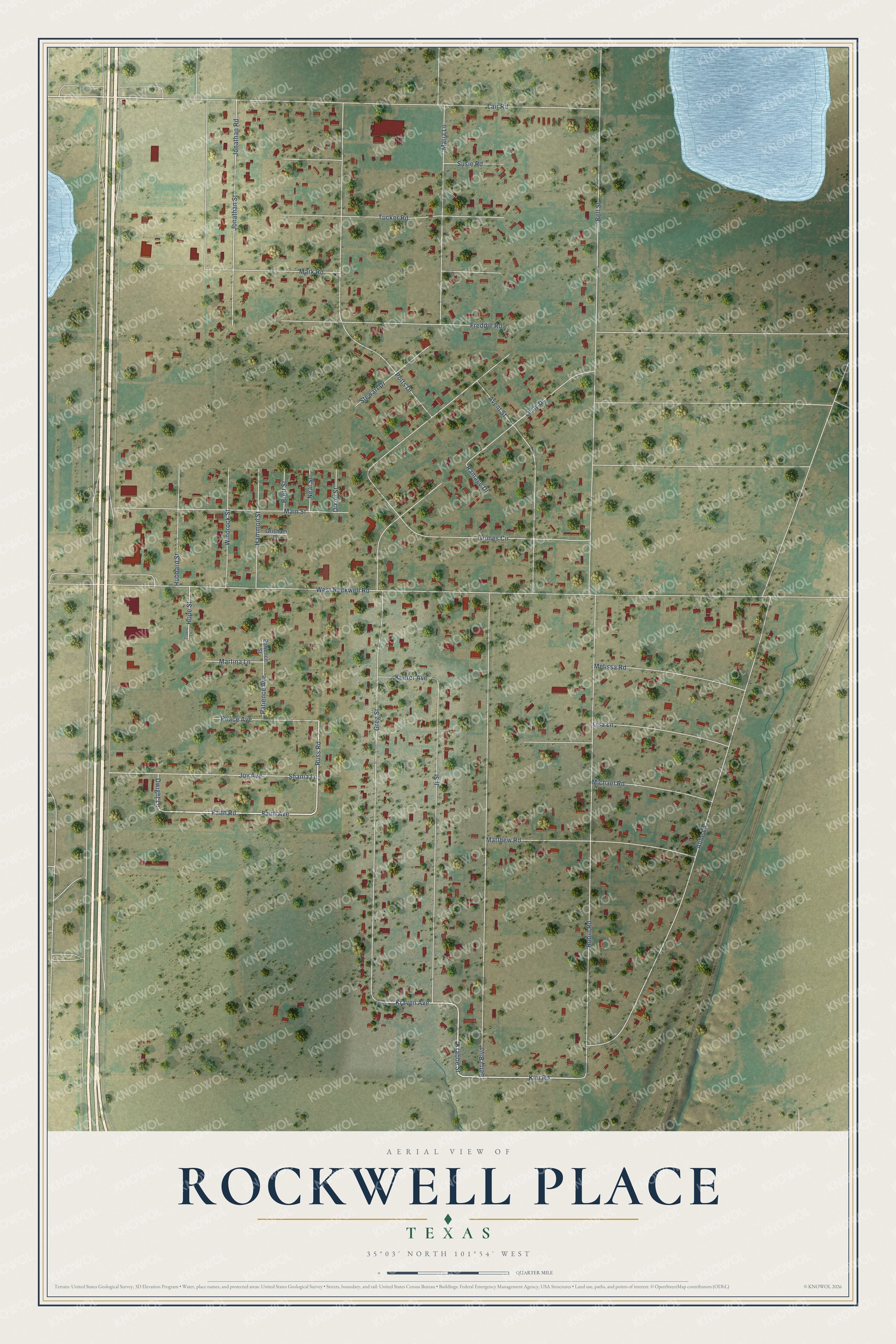 Full map of Rockwell Place, Texas, with red buildings, printed street names and the land around them