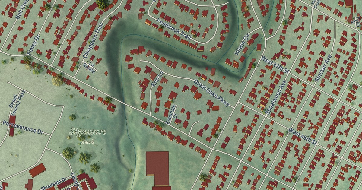 Close-up of streets and buildings in Rosedale, Texas