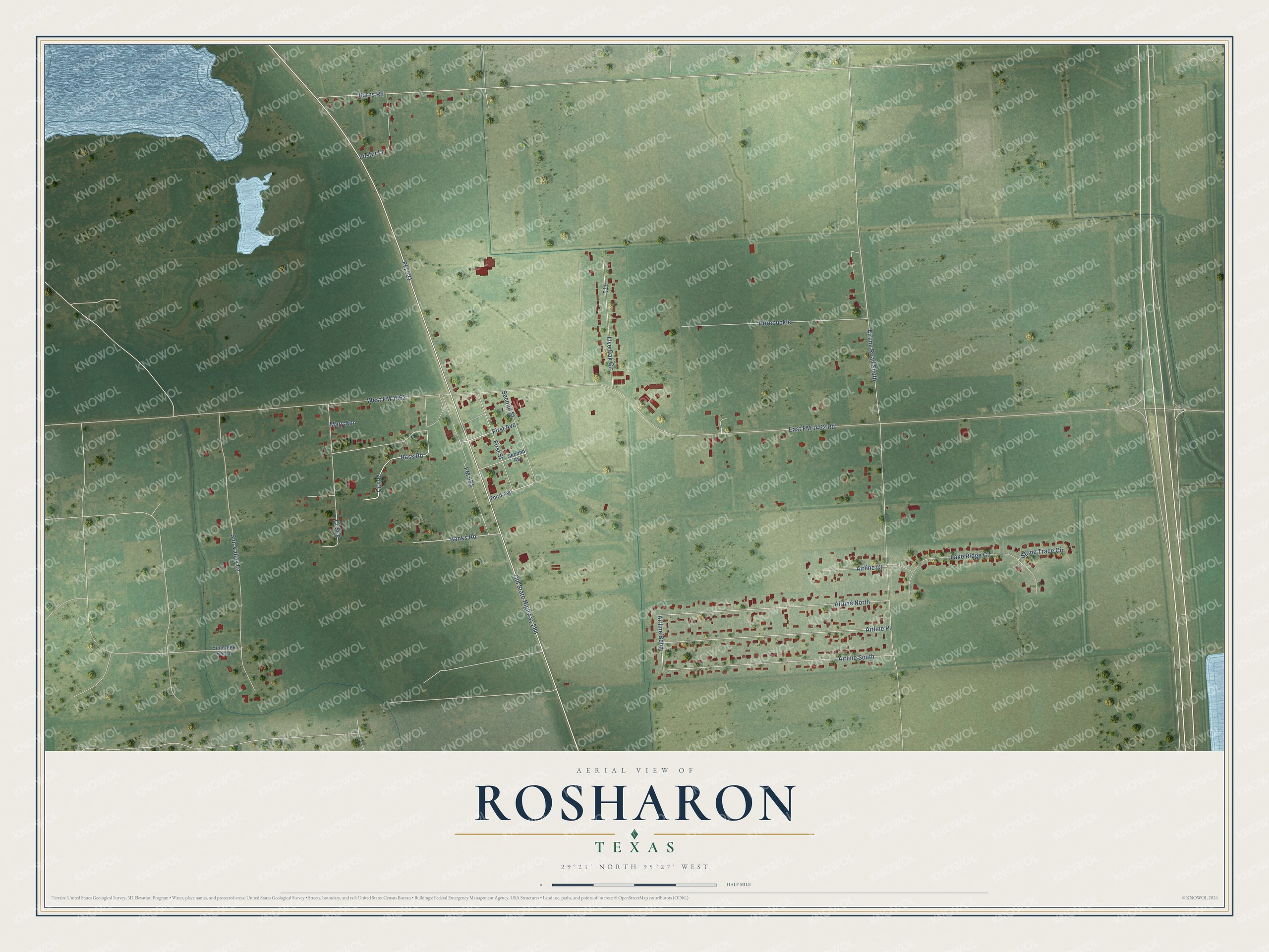 Full map of Rosharon, Texas, with red buildings, printed street names and the land around them