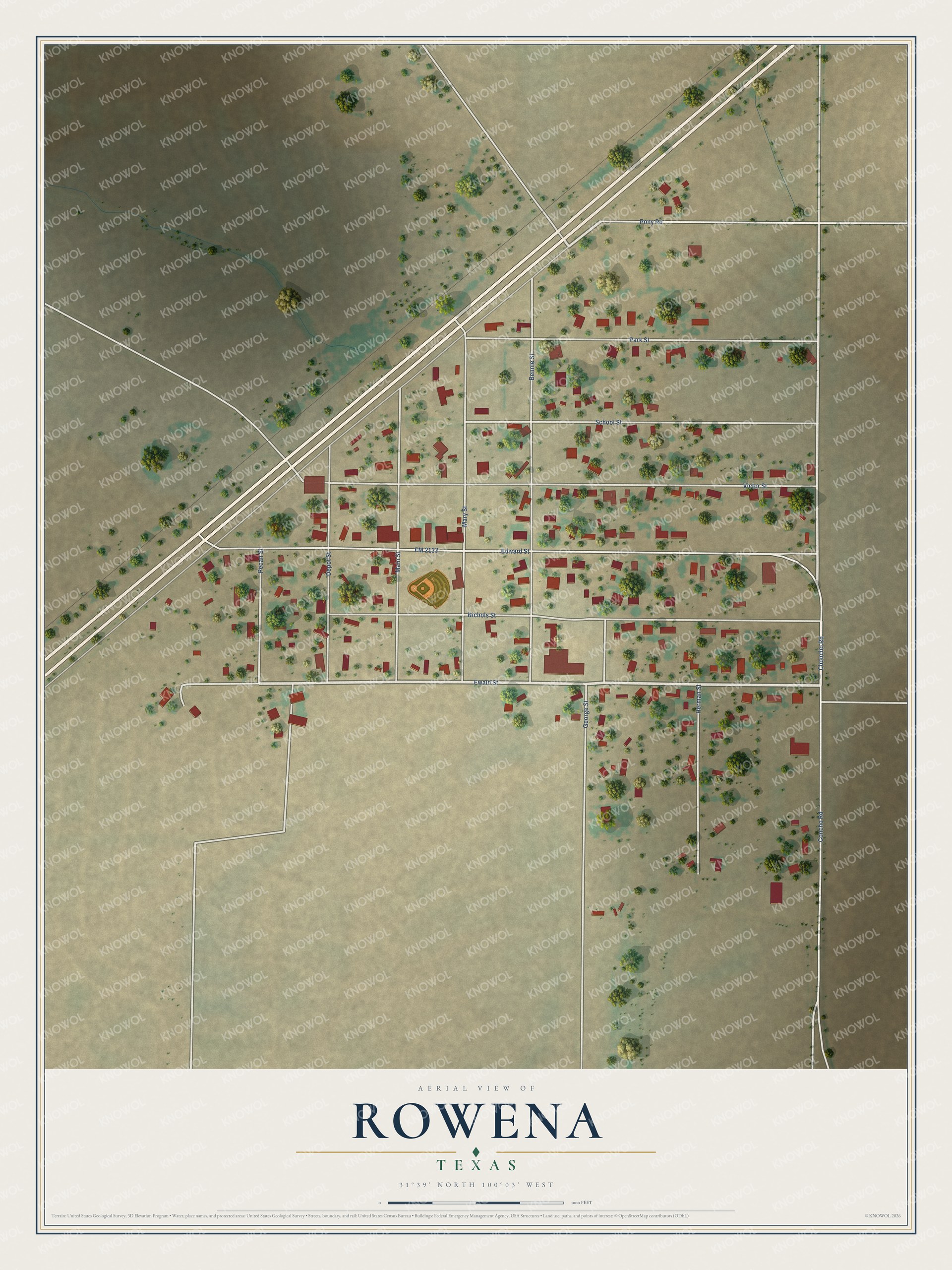 Watermarked full-map preview of Rowena, Texas