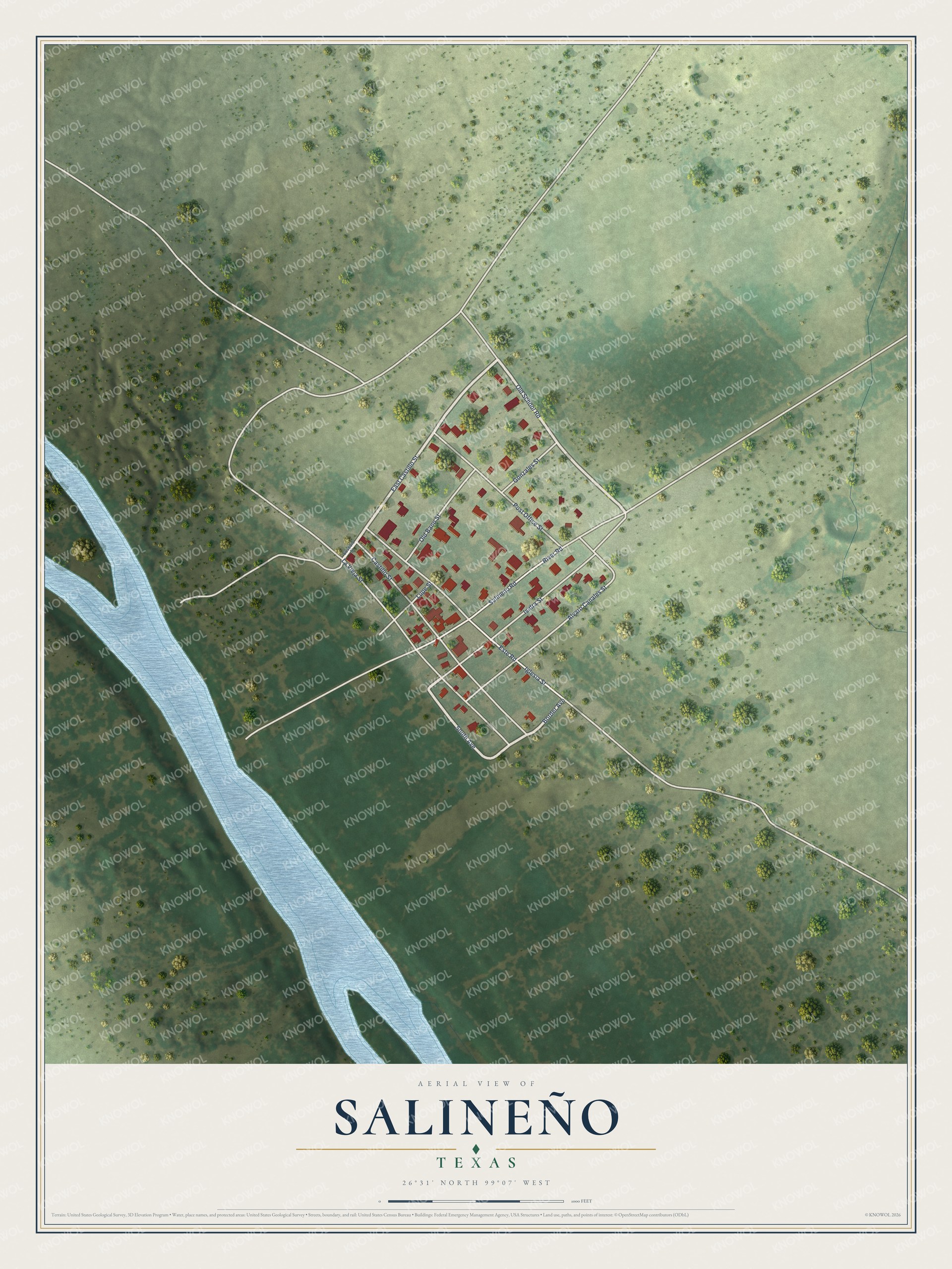 Full map of Salineño, Texas, with red buildings, printed street names and the land around them
