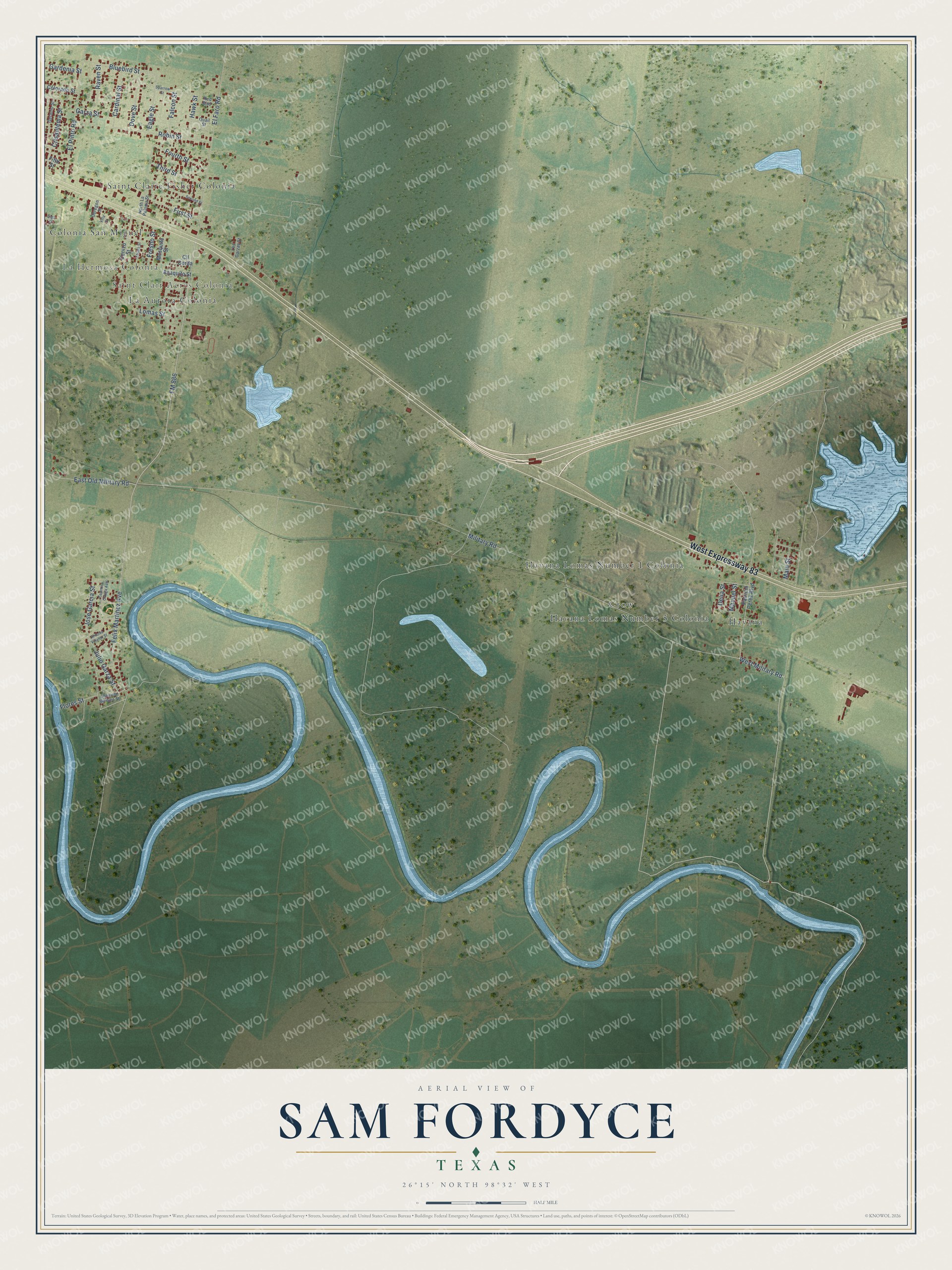 Full map of Sam Fordyce, Texas, with red buildings, printed street names and the land around them