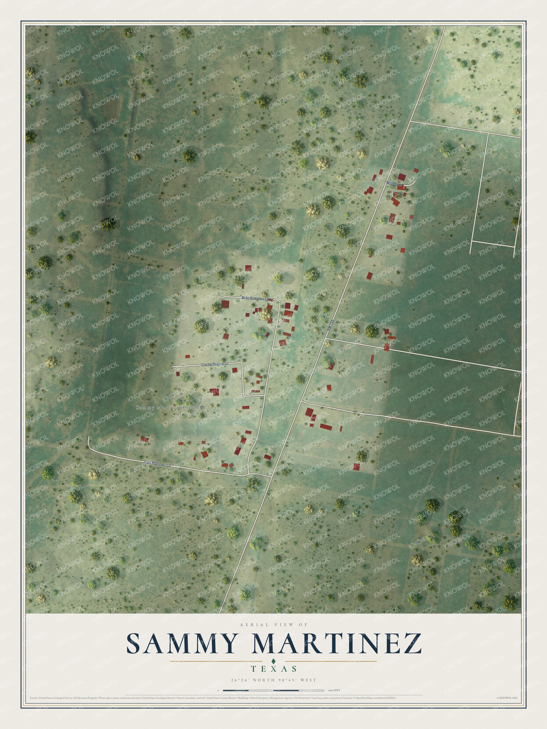 Full map of Sammy Martinez, Texas, with red buildings, printed street names and the land around them