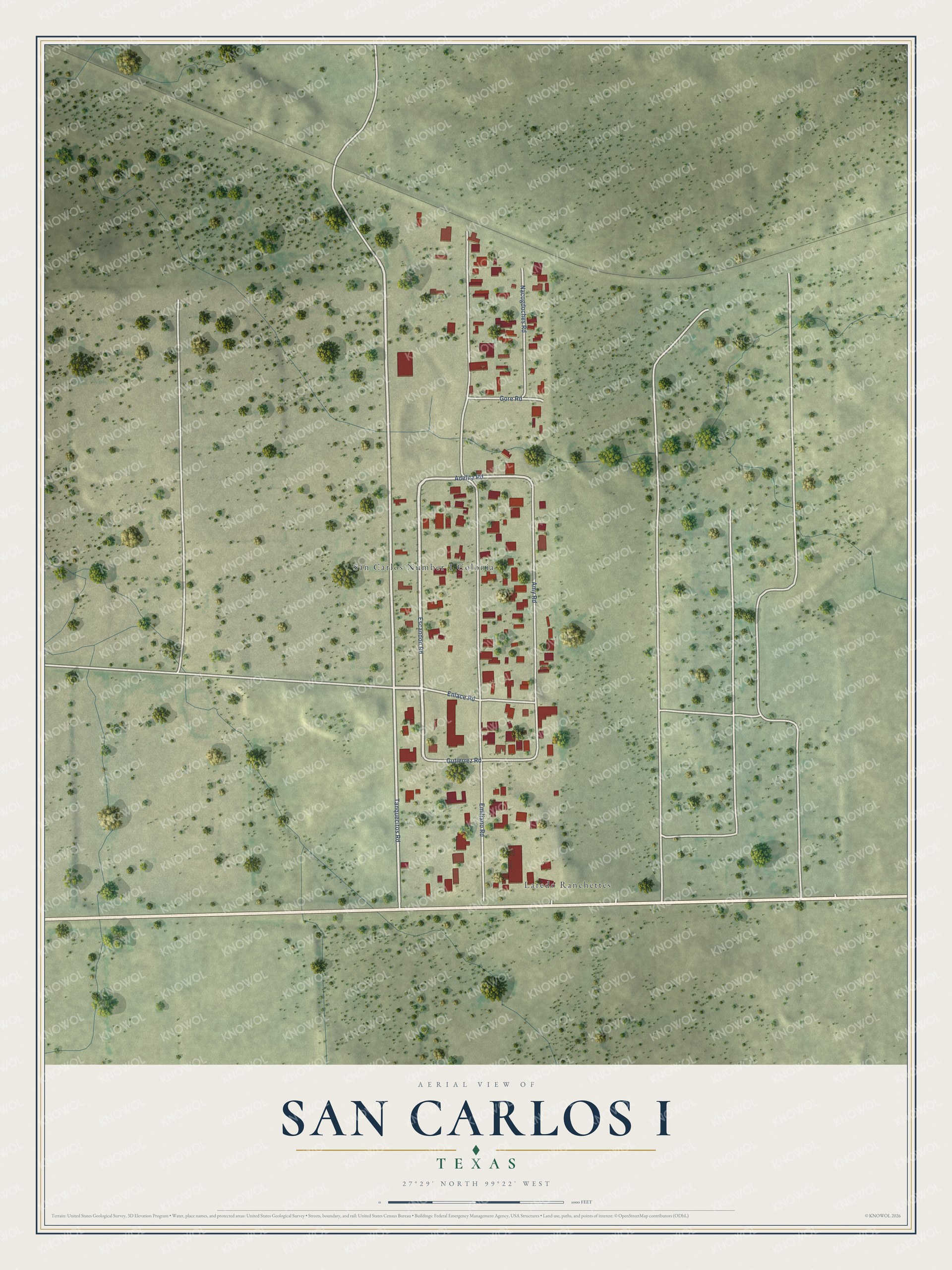 Full map of San Carlos I, Texas, with red buildings, printed street names and the land around them