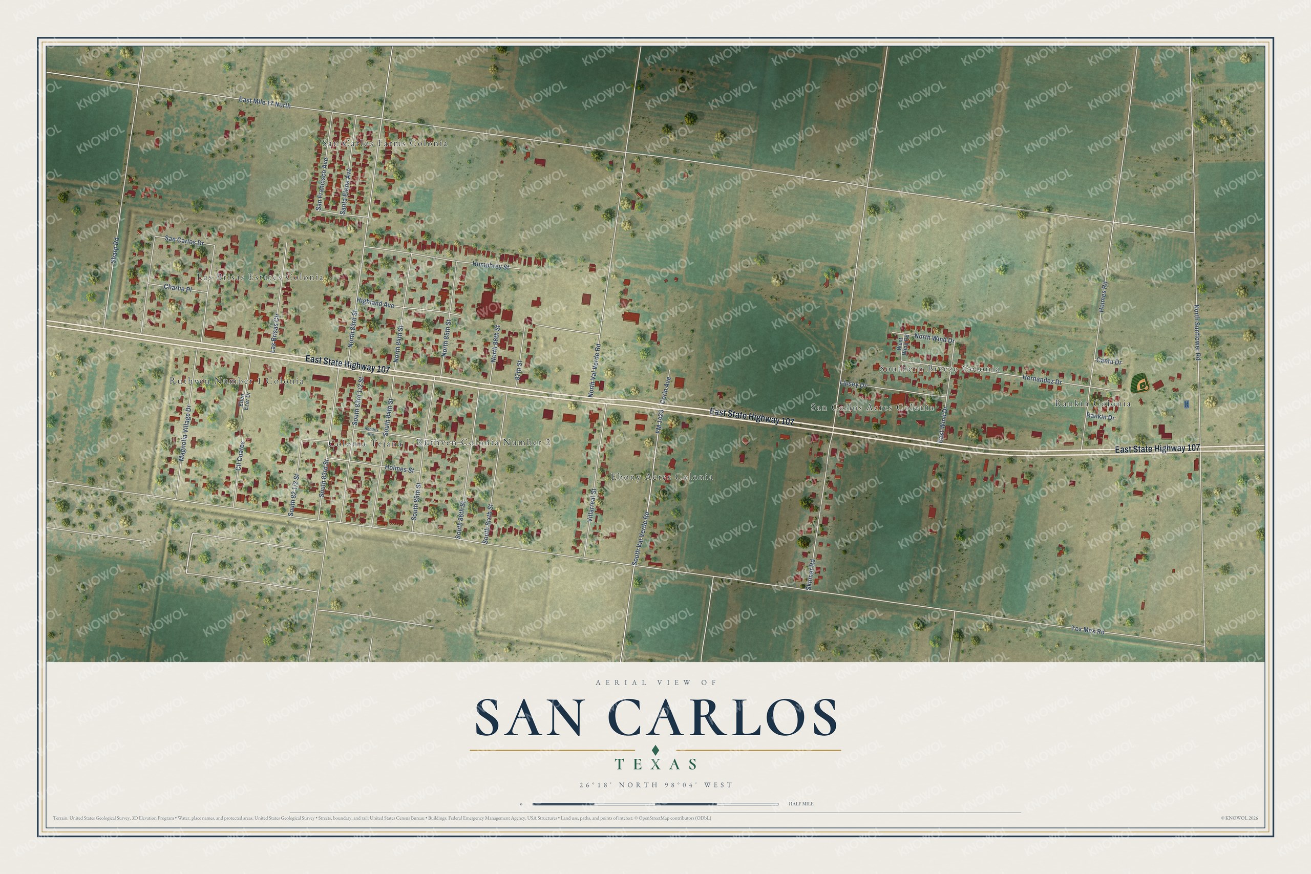 Full map of San Carlos, Texas, with red buildings, printed street names and the land around them