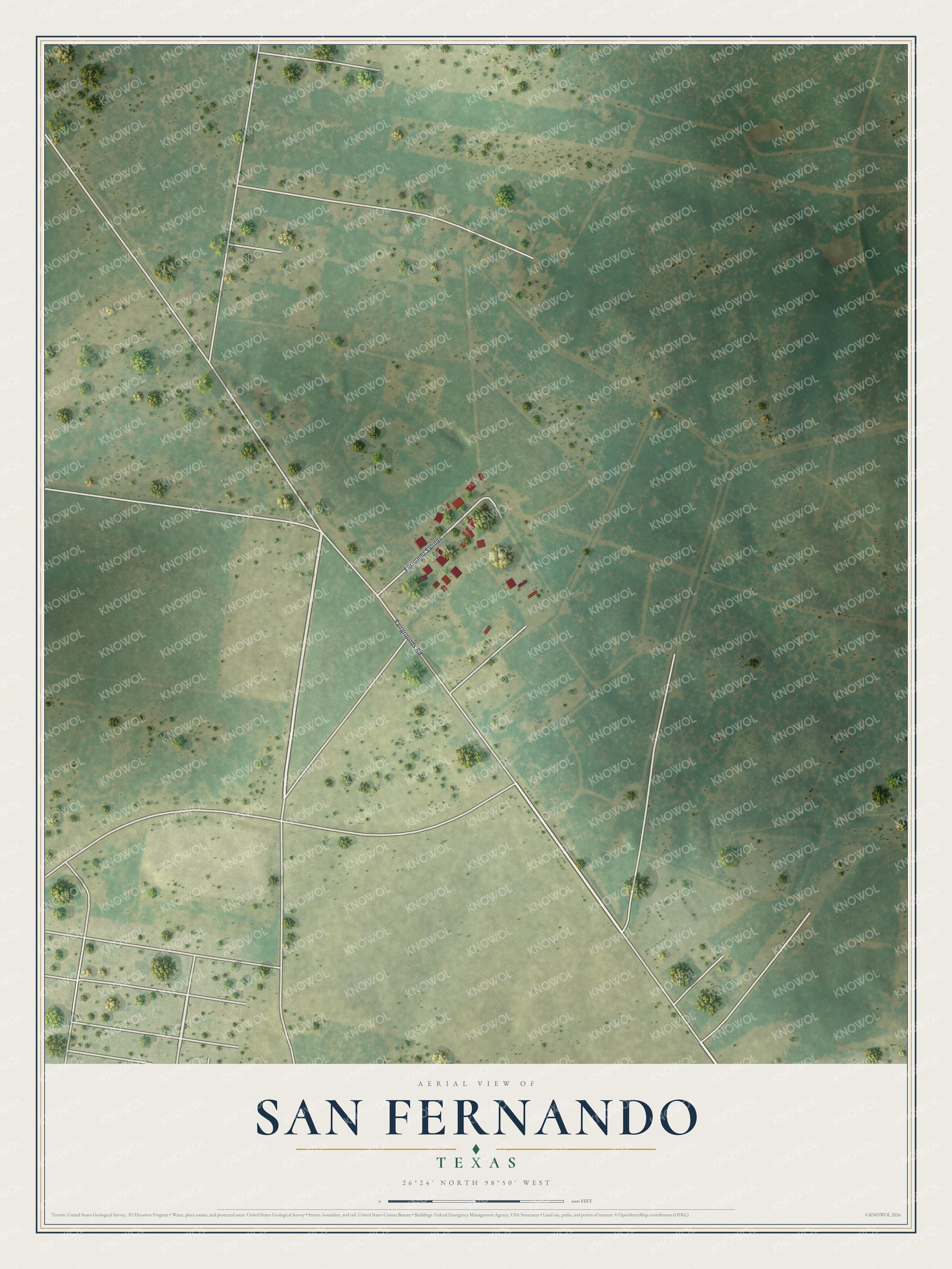 Full map of San Fernando, Texas, with red buildings, printed street names and the land around them