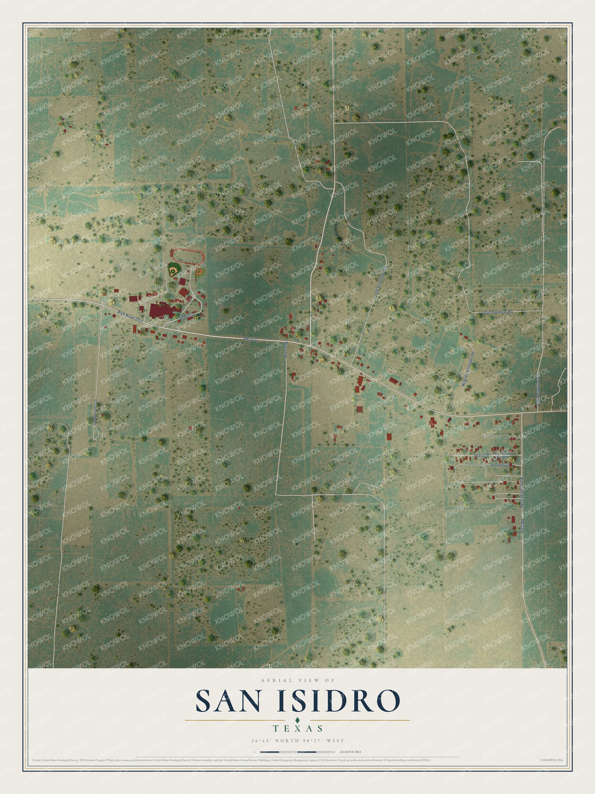 Full map of San Isidro, Texas, with red buildings, printed street names and the land around them