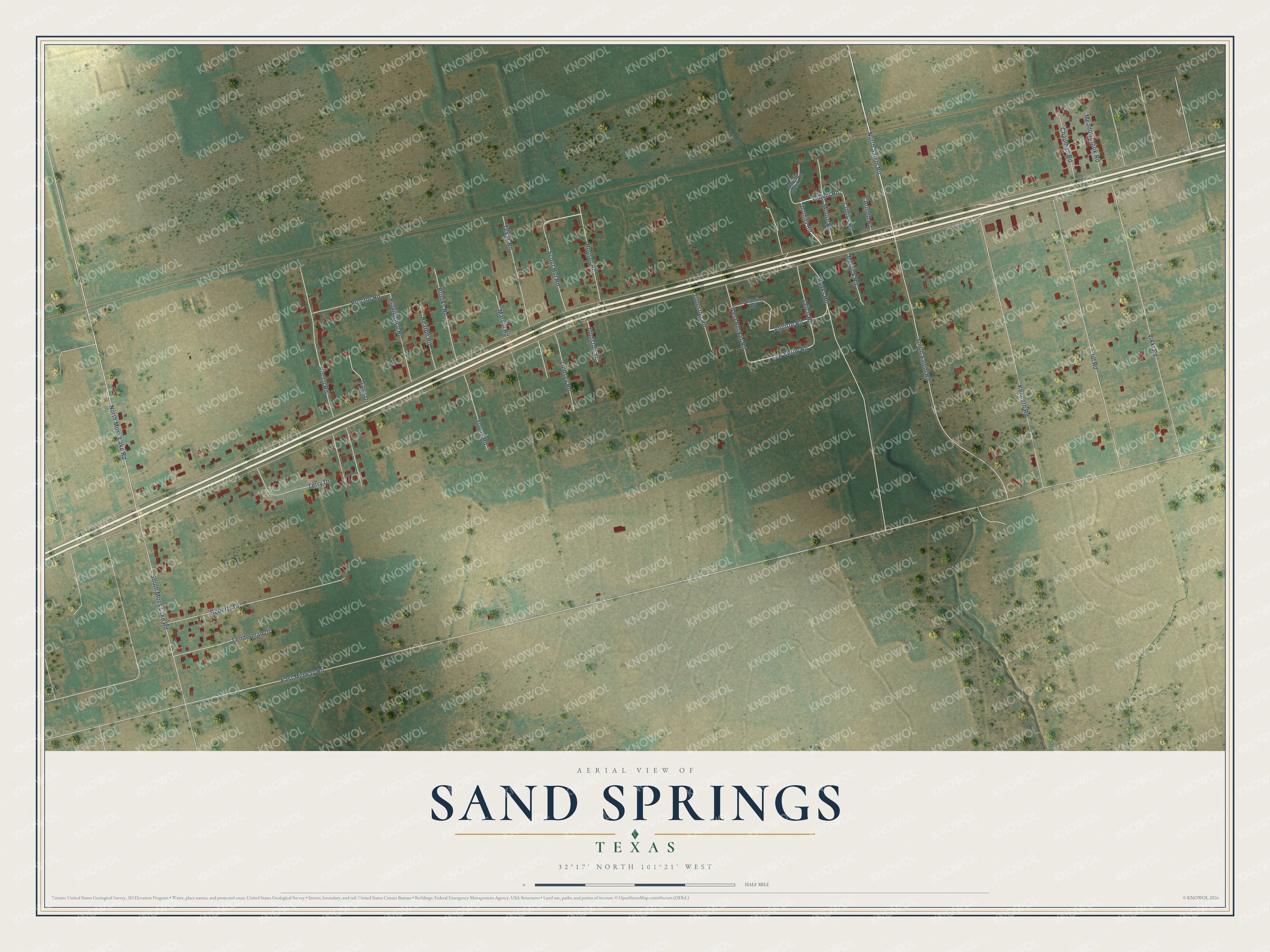 Full map of Sand Springs, Texas, with red buildings, printed street names and the land around them
