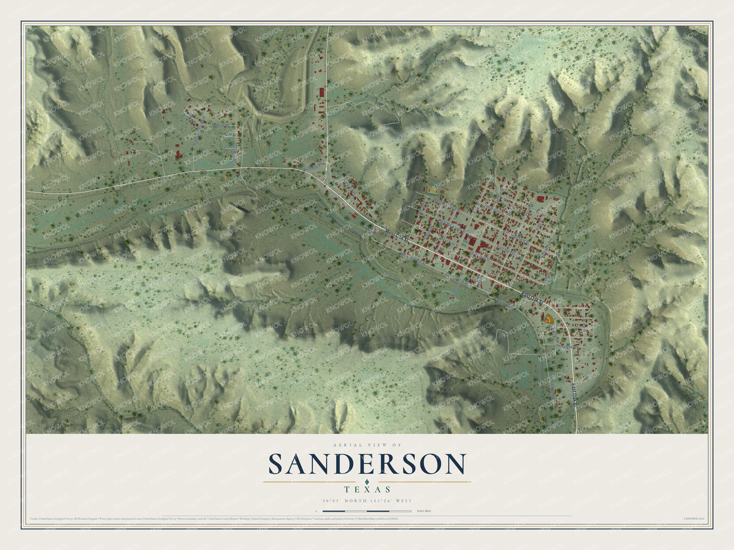 Full map of Sanderson, Texas, with red buildings, printed street names and the land around them