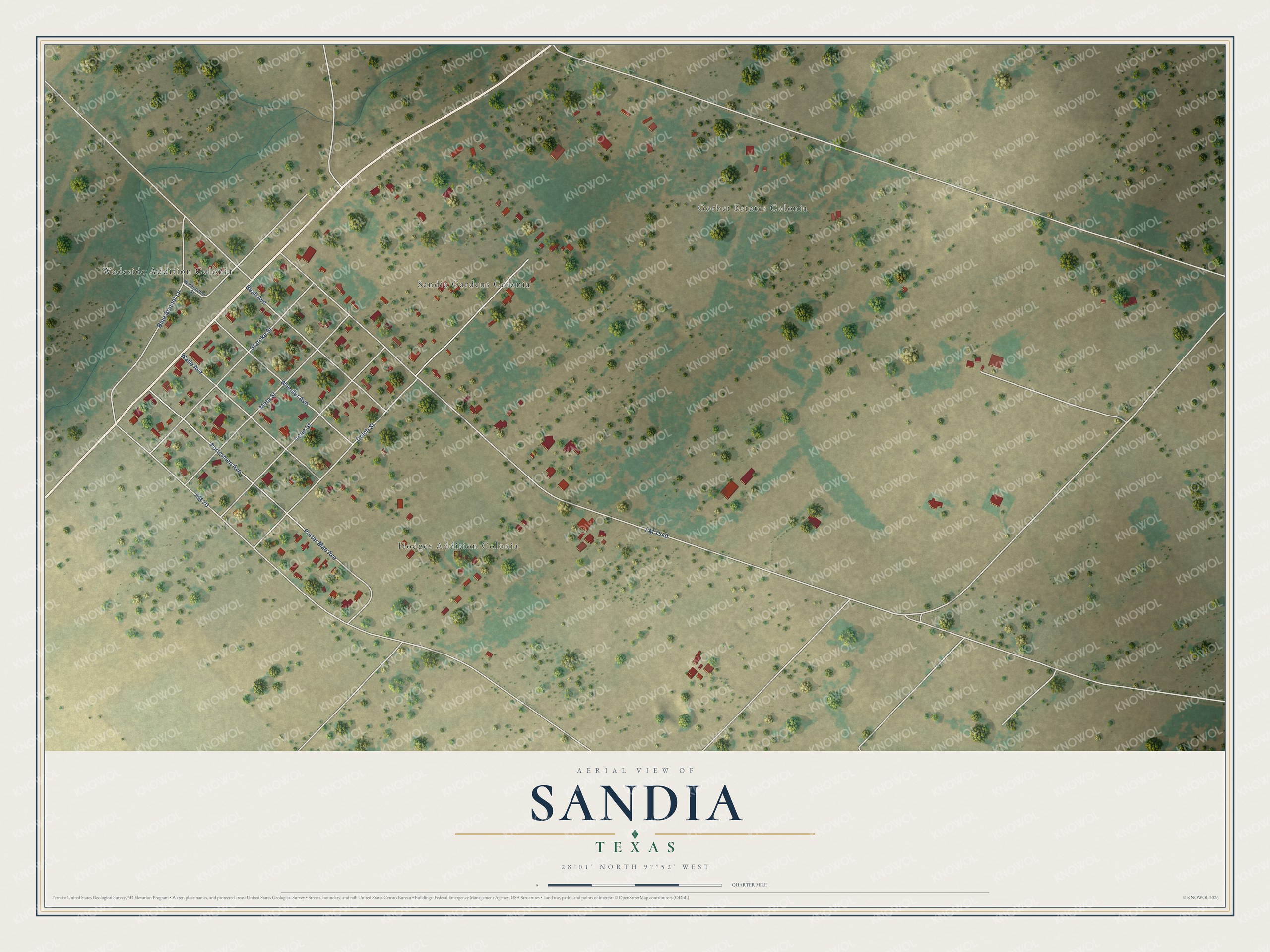 Full map of Sandia, Texas, with red buildings, printed street names and the land around them