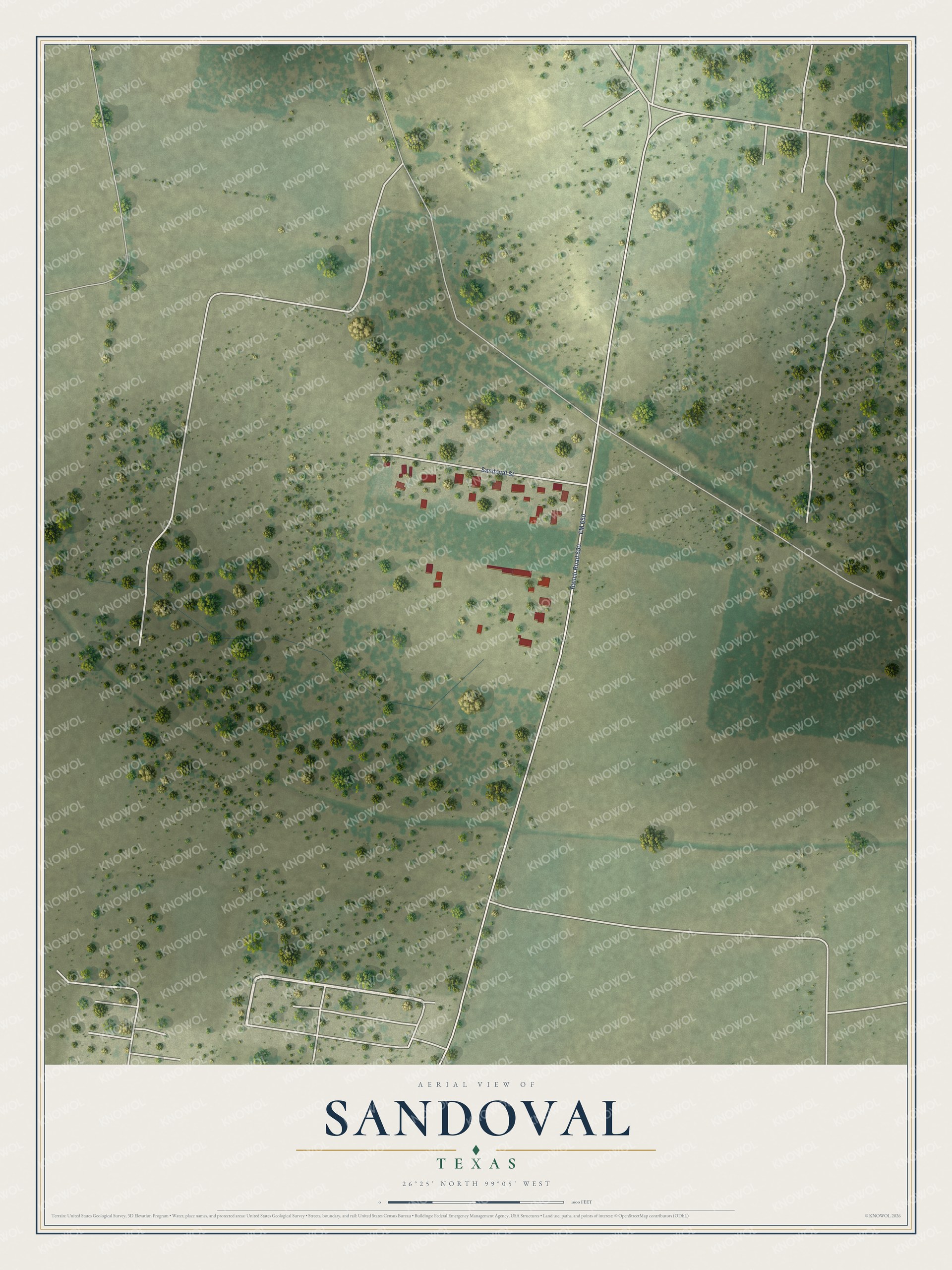 Full map of Sandoval, Texas, with red buildings, printed street names and the land around them