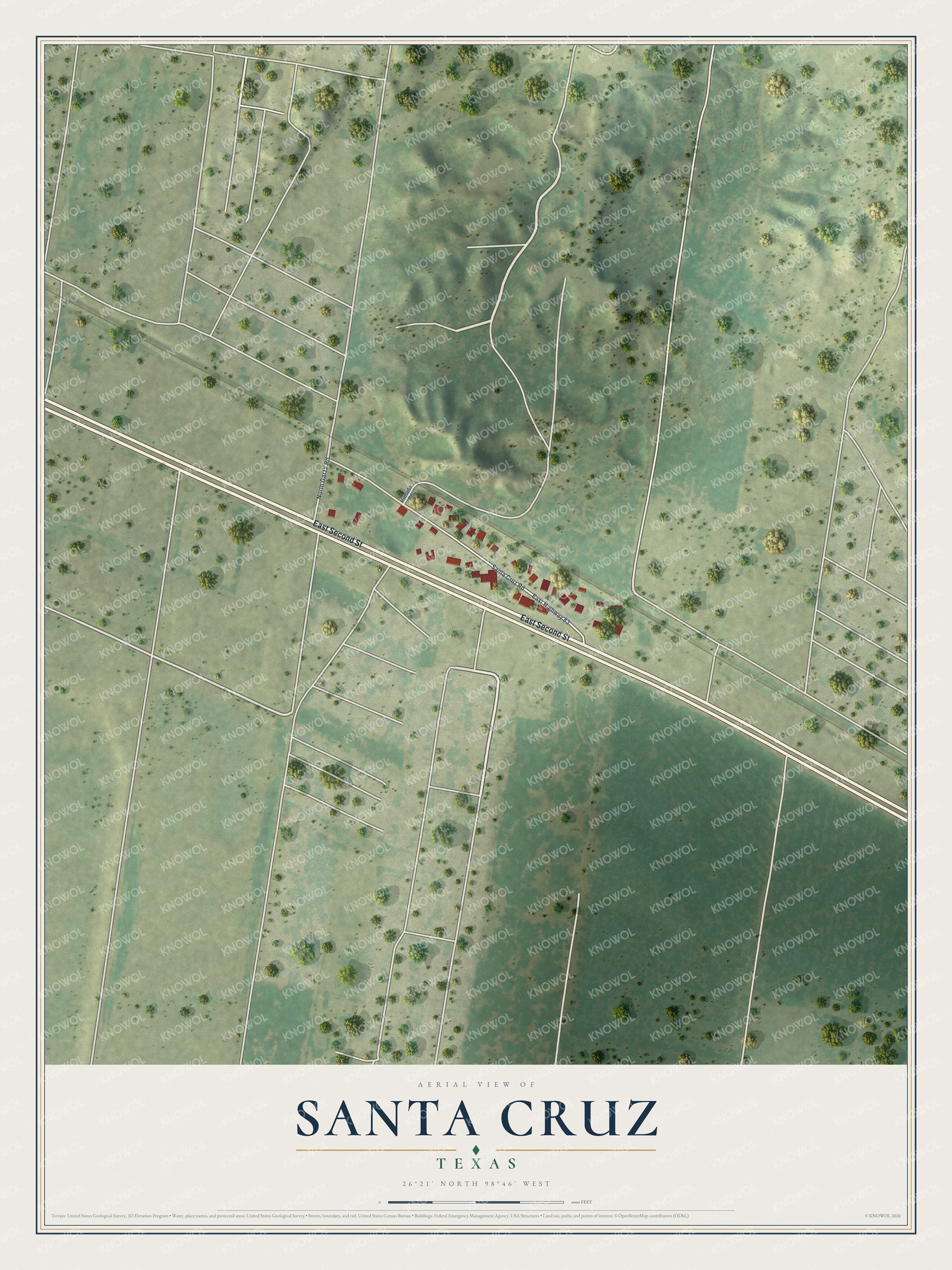 Full map of Santa Cruz, Texas, with red buildings, printed street names and the land around them