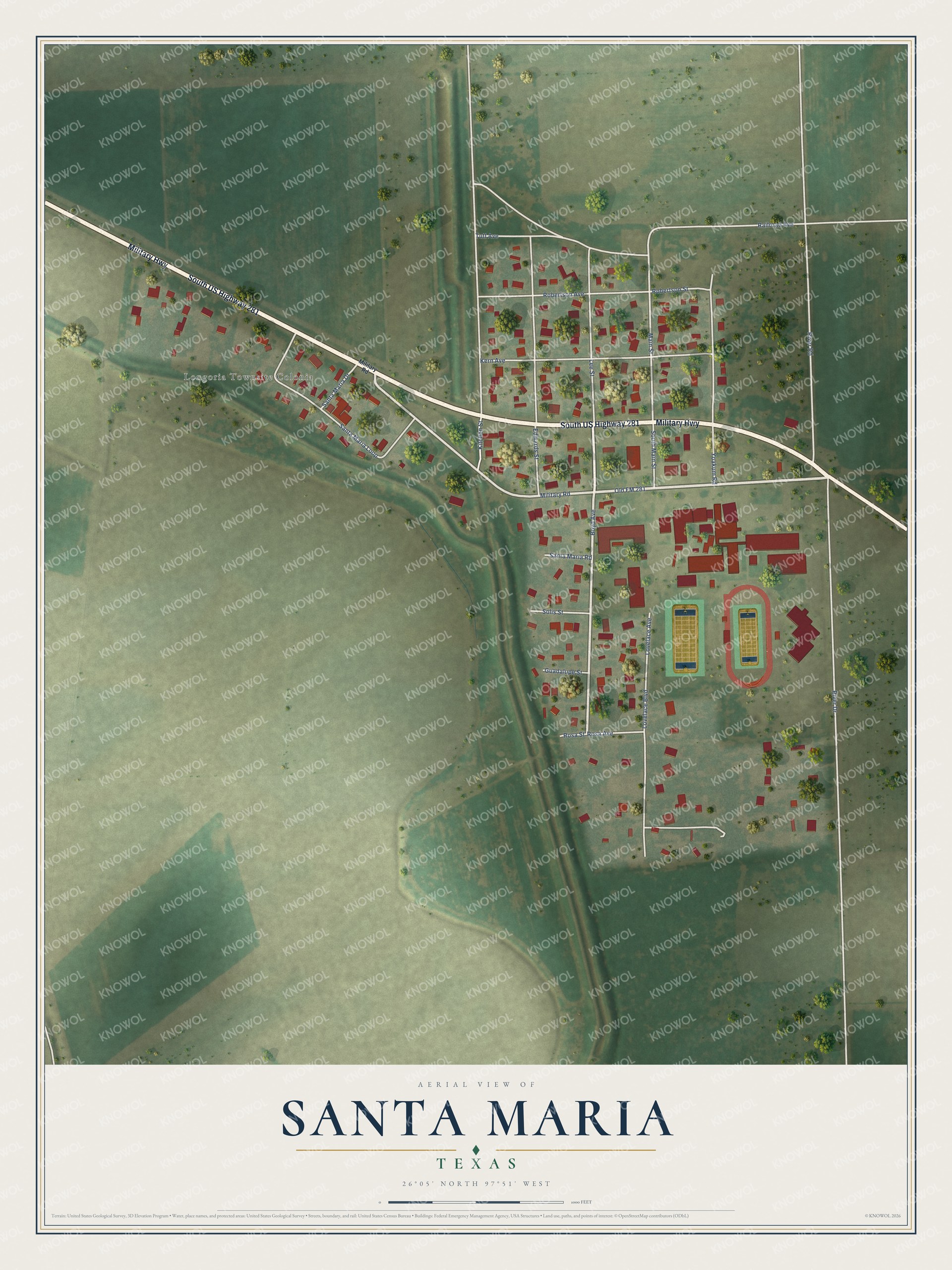 Full map of Santa Maria, Texas, with red buildings, printed street names and the land around them