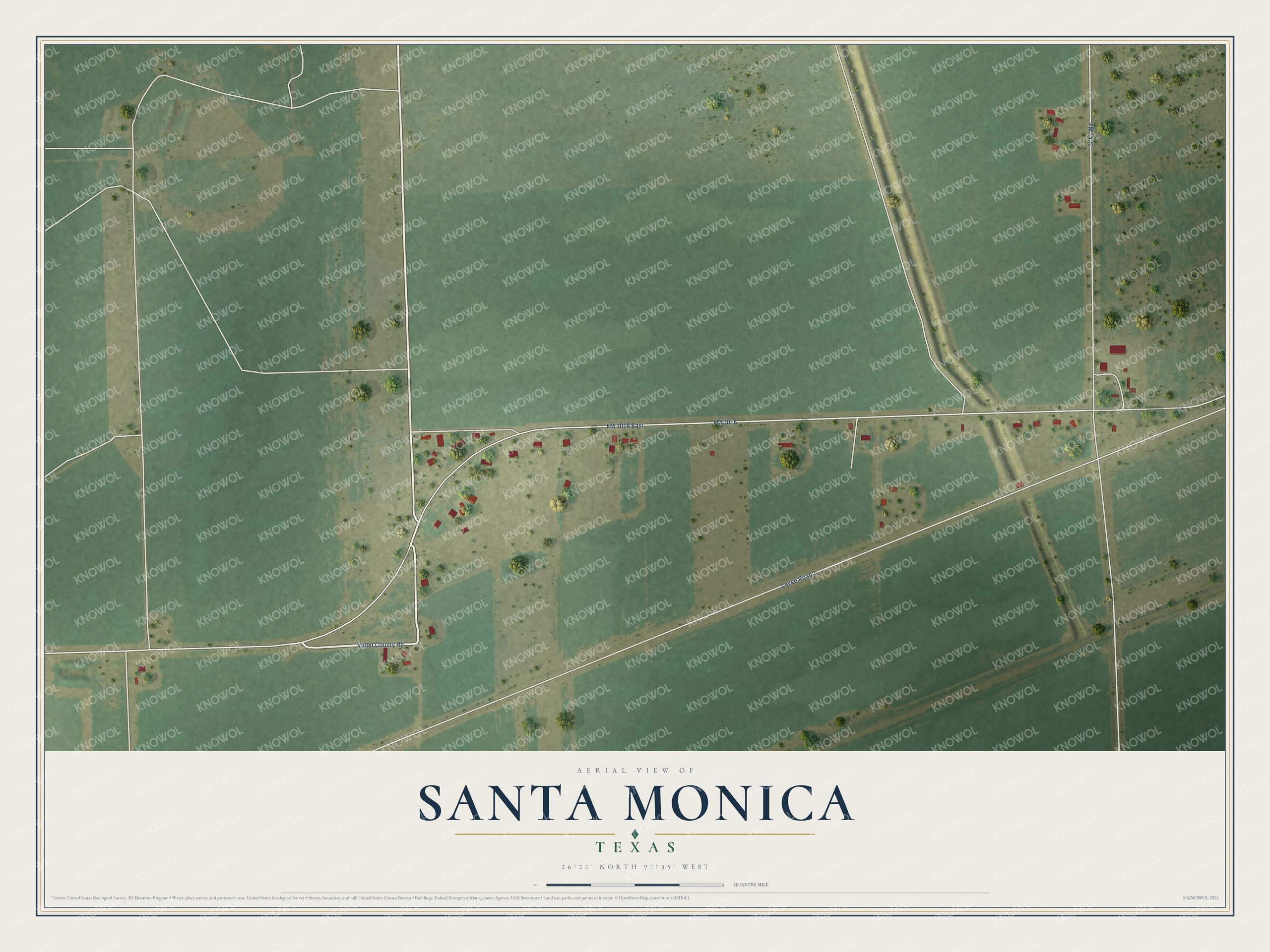 Full map of Santa Monica, Texas, with red buildings, printed street names and the land around them
