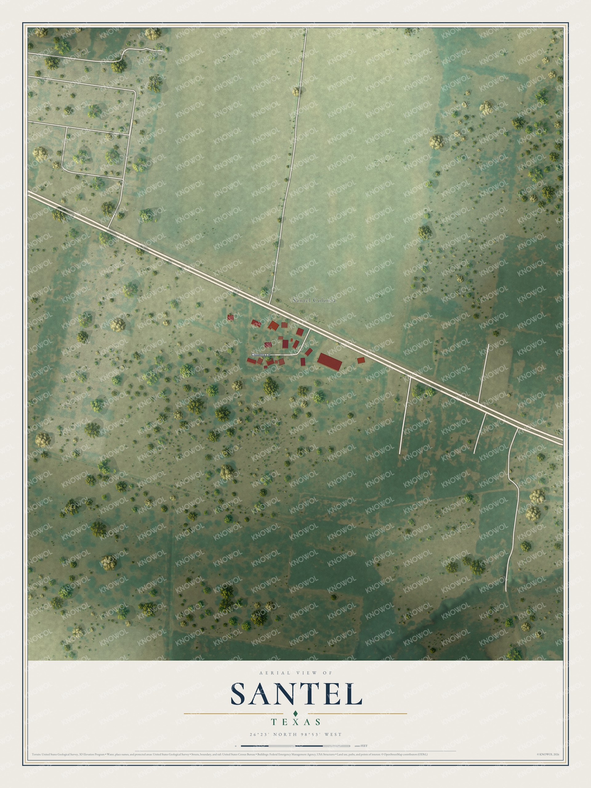 Full map of Santel, Texas, with red buildings, printed street names and the land around them