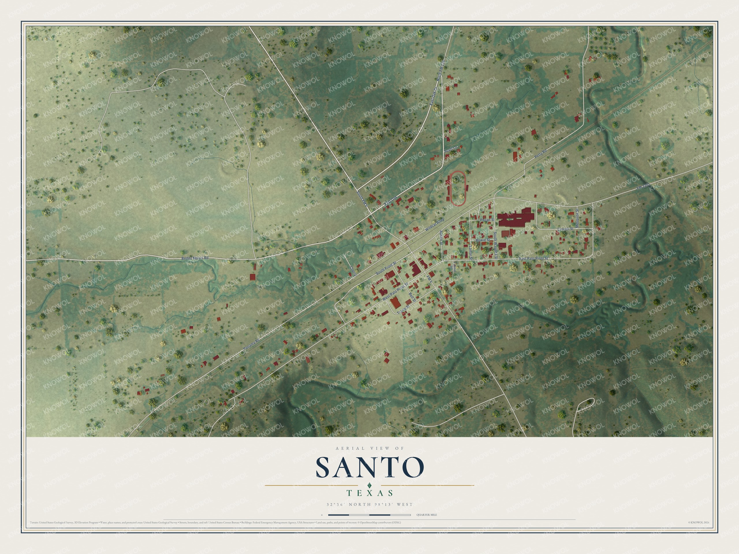 Full map of Santo, Texas, with red buildings, printed street names and the land around them