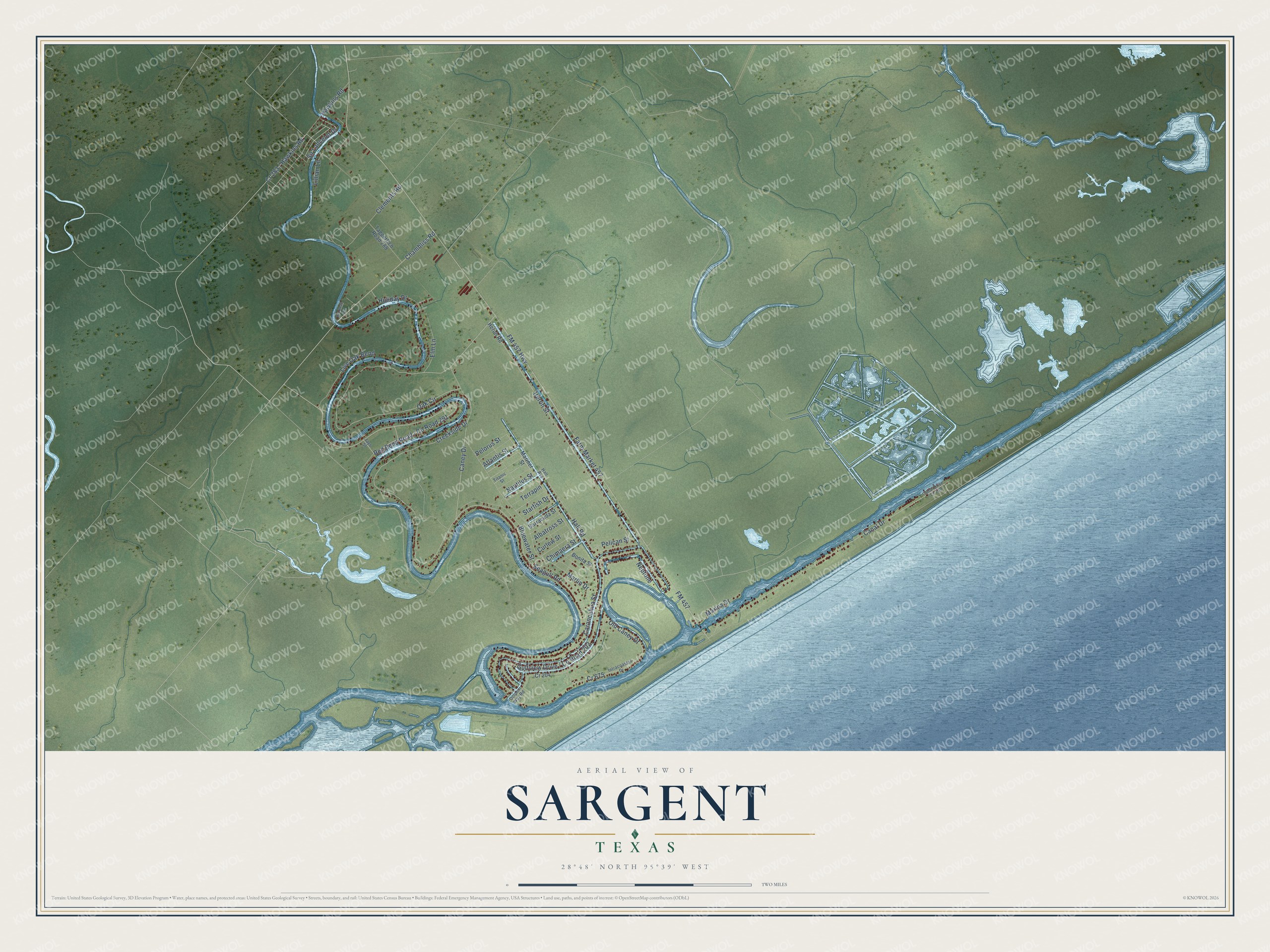 Full map of Sargent, Texas, with red buildings, printed street names and the land around them