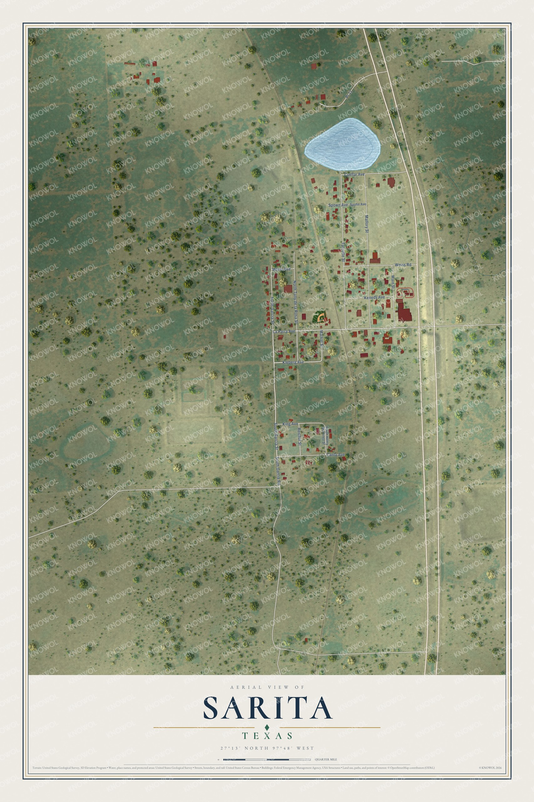 Full map of Sarita, Texas, with red buildings, printed street names and the land around them