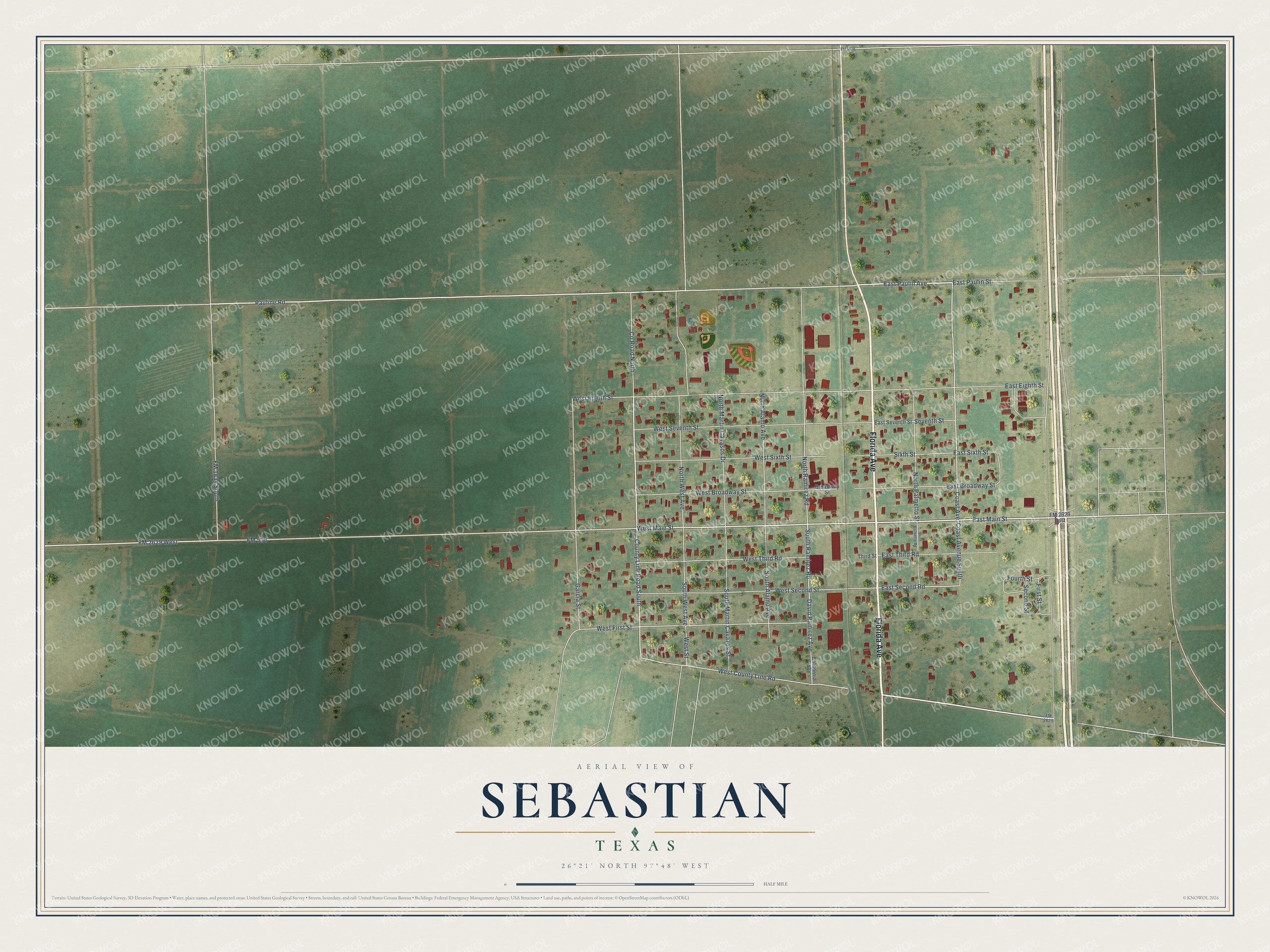 Full map of Sebastian, Texas, with red buildings, printed street names and the land around them