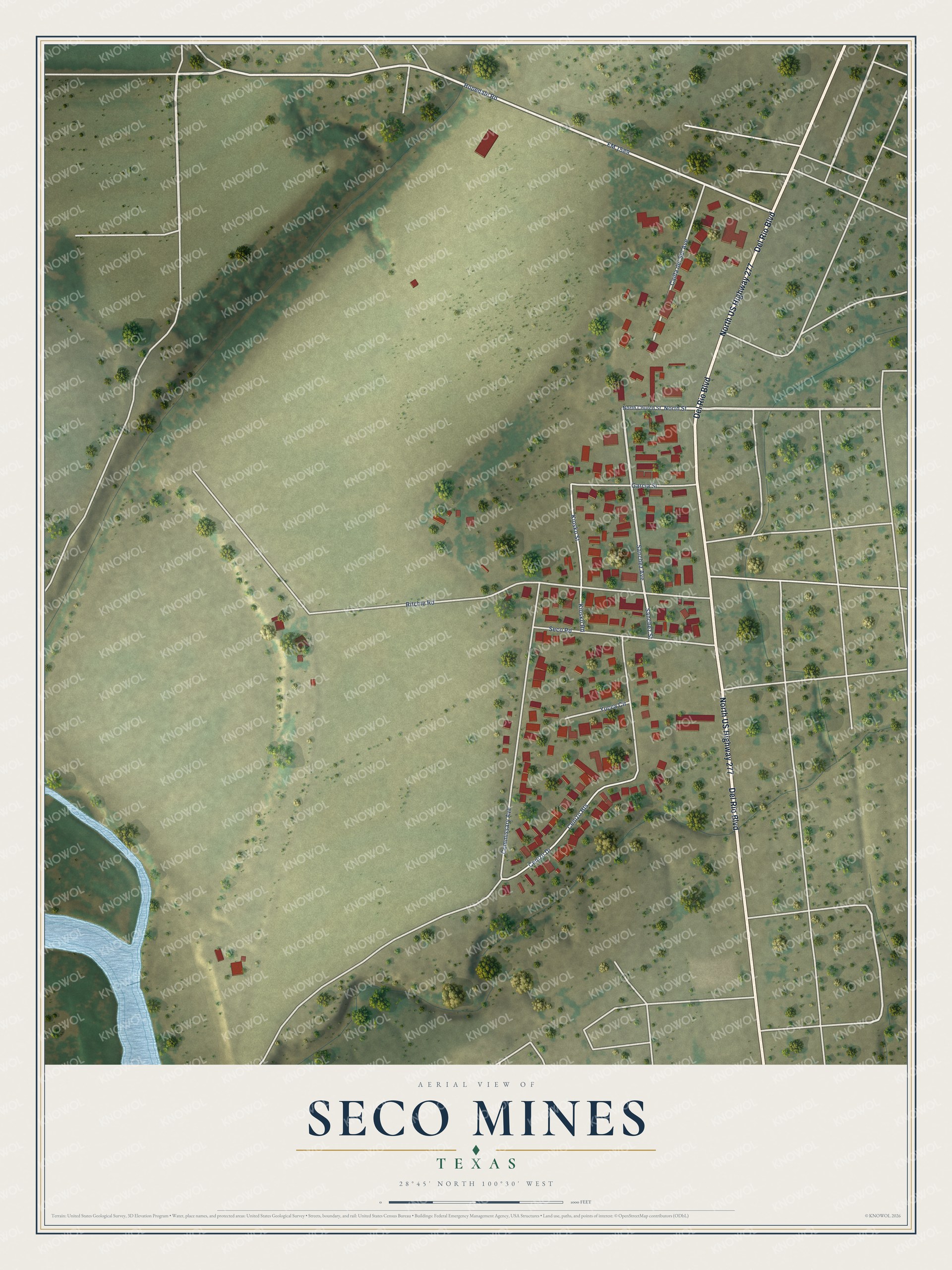 Full map of Seco Mines, Texas, with red buildings, printed street names and the land around them