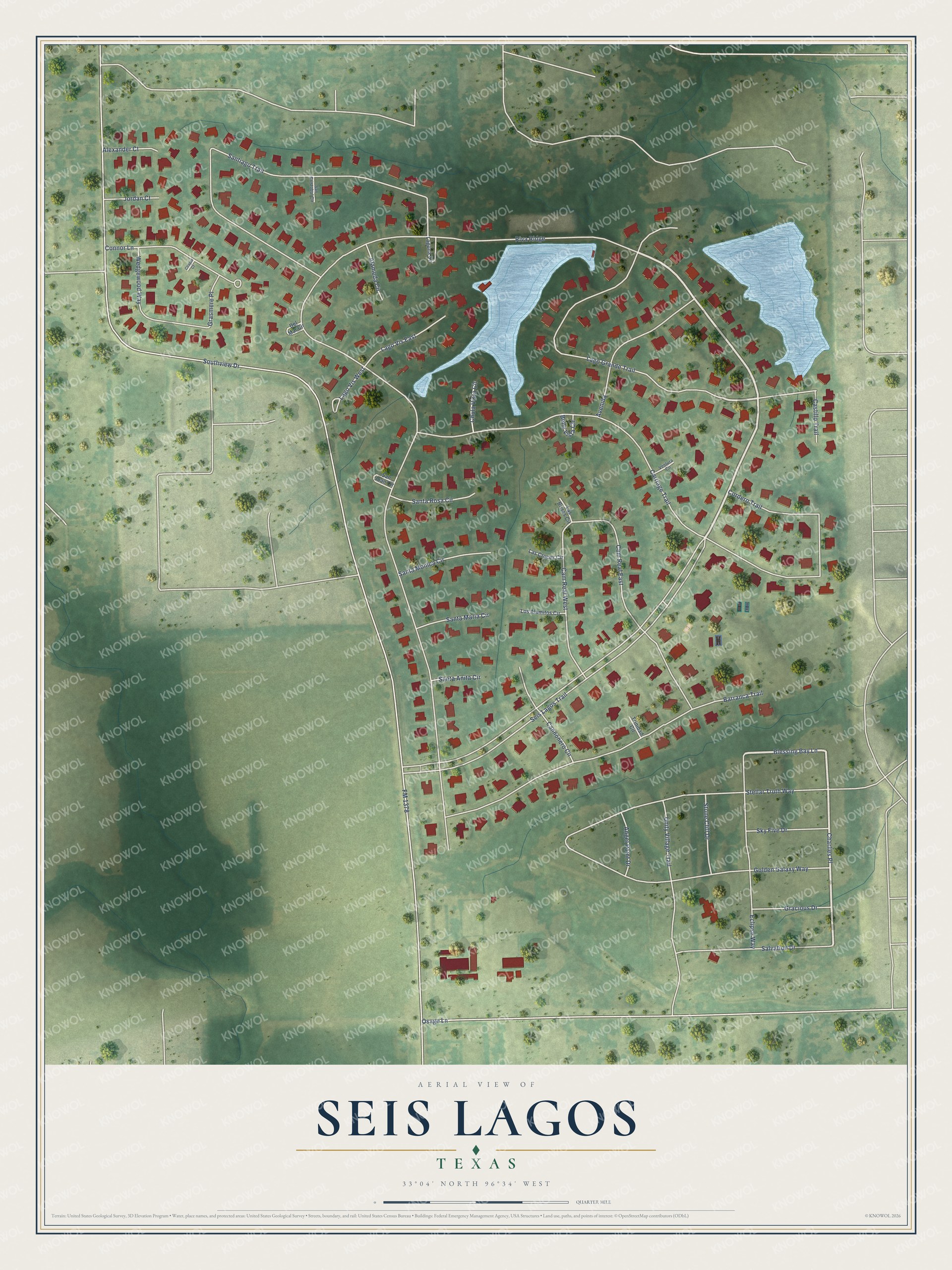Full map of Seis Lagos, Texas, with red buildings, printed street names and the land around them