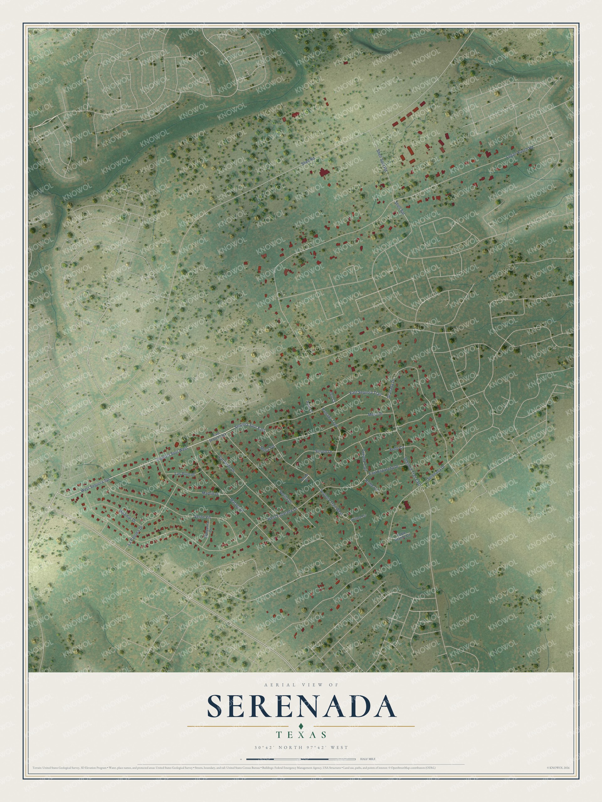 Full map of Serenada, Texas, with red buildings, printed street names and the land around them