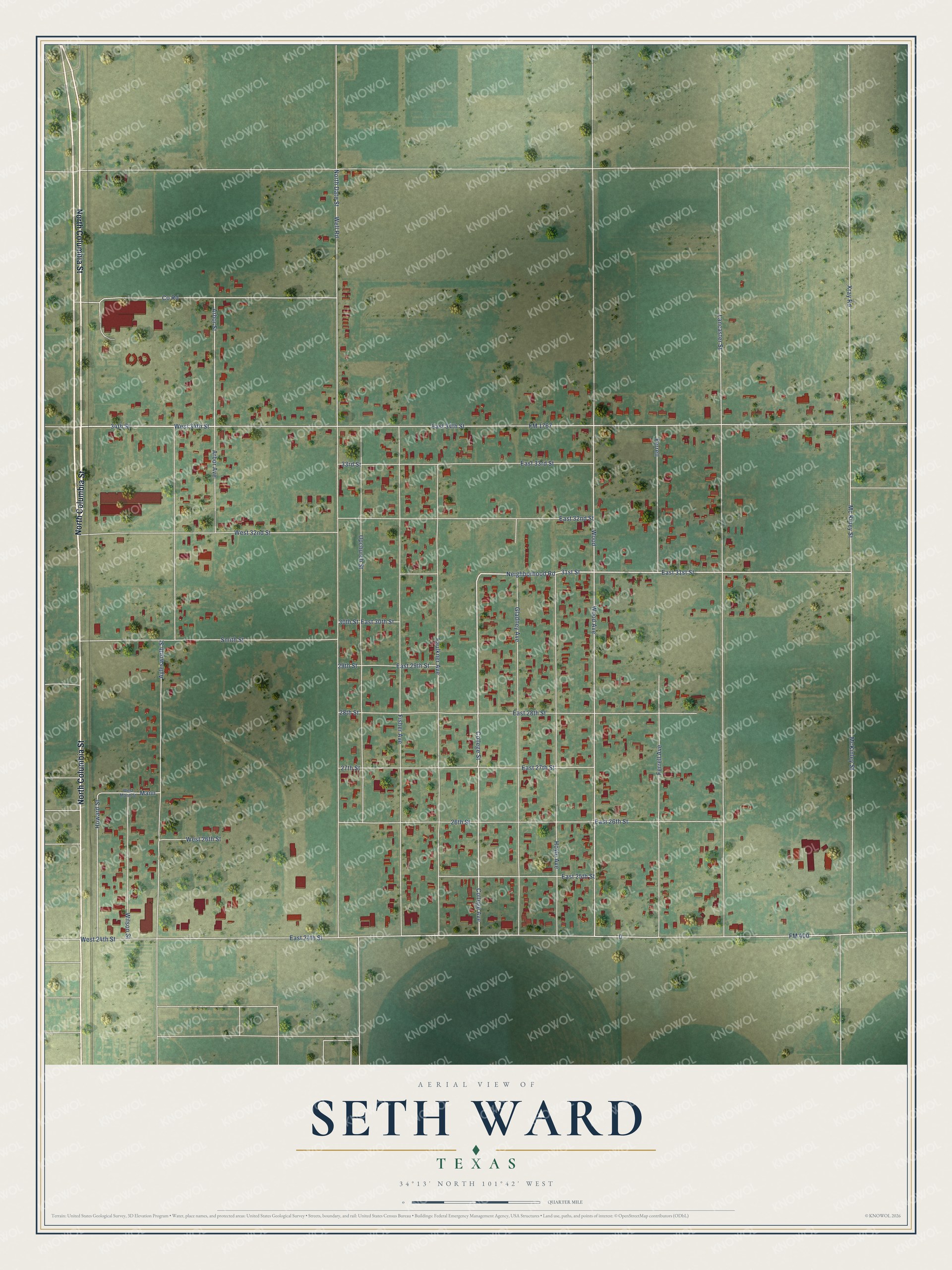 Full map of Seth Ward, Texas, with red buildings, printed street names and the land around them
