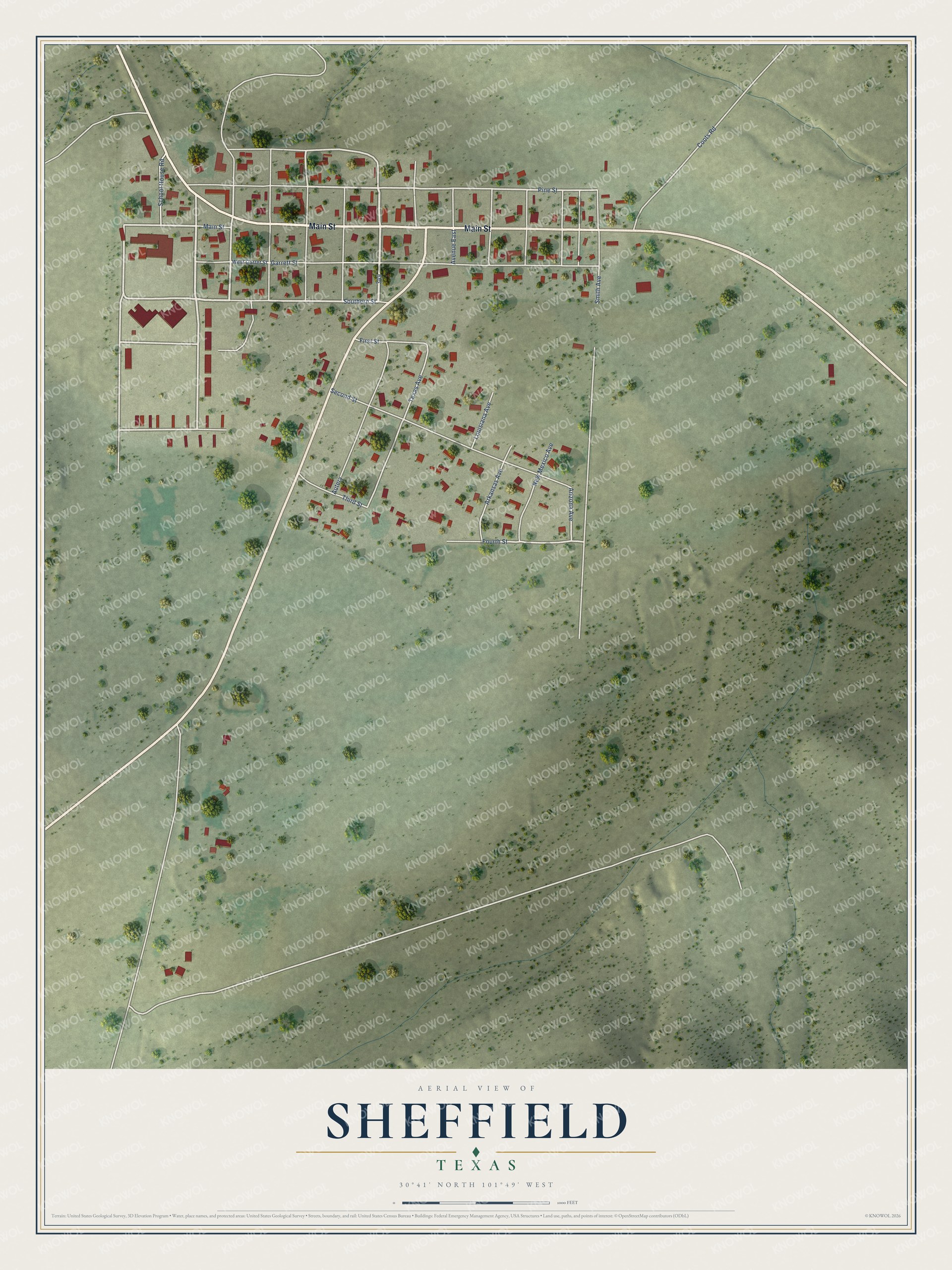 Full map of Sheffield, Texas, with red buildings, printed street names and the land around them