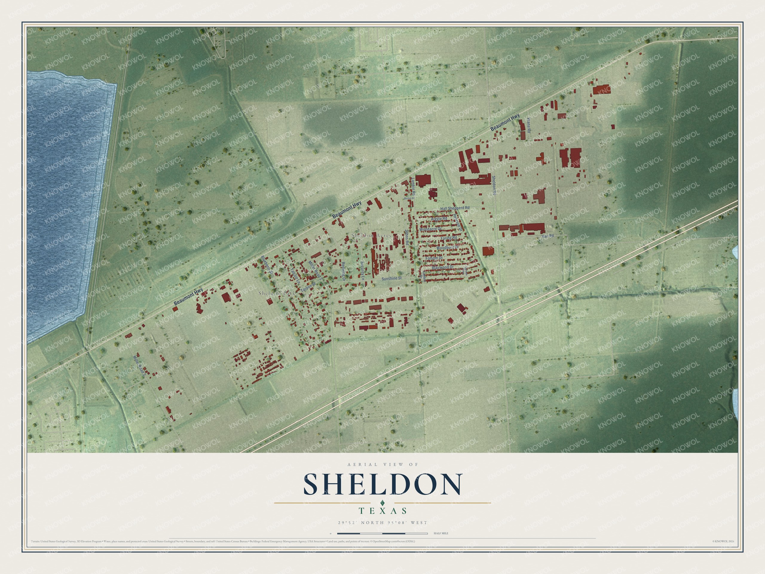 Full map of Sheldon, Texas, with red buildings, printed street names and the land around them