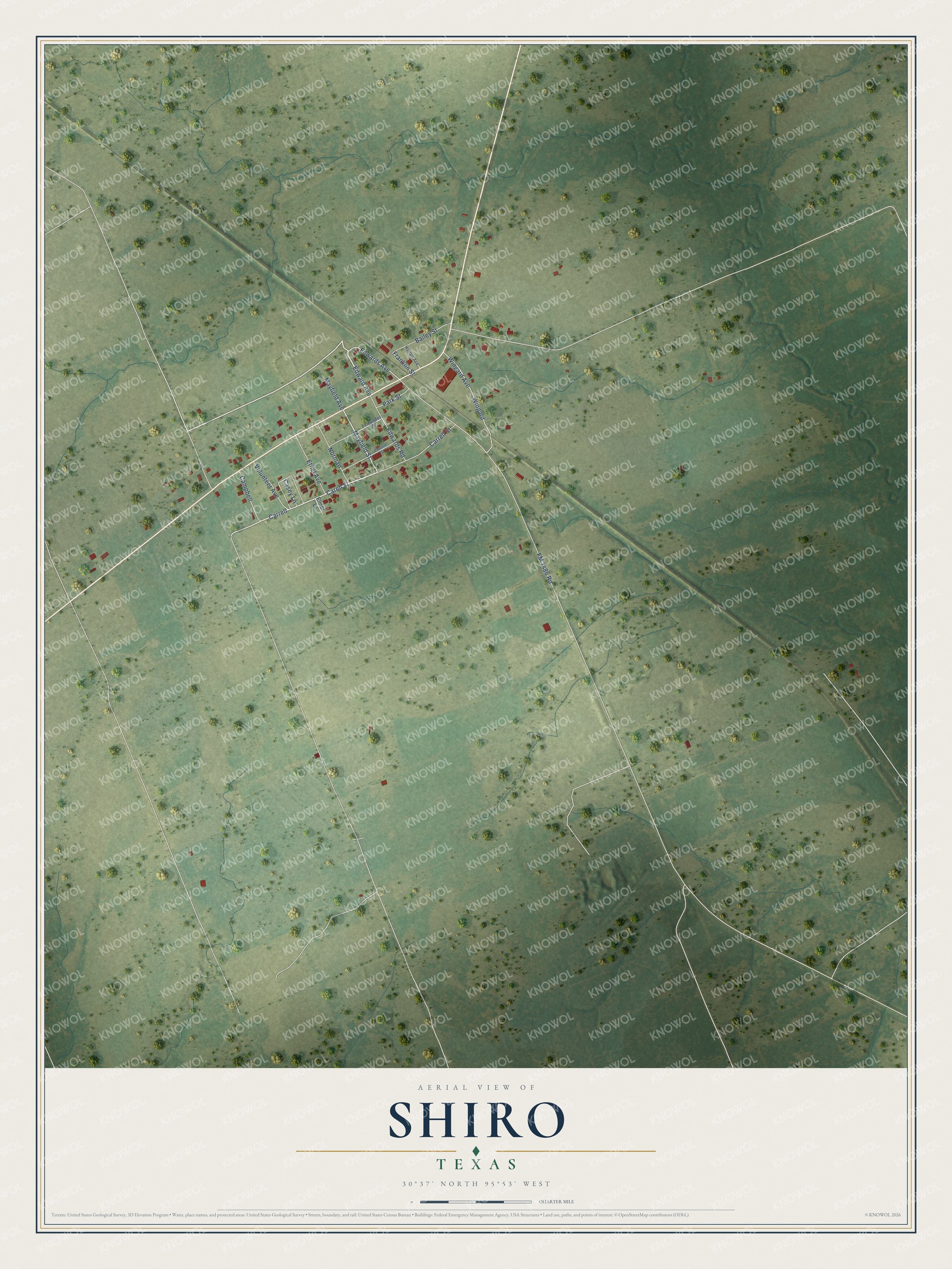 Full map of Shiro, Texas, with red buildings, printed street names and the land around them