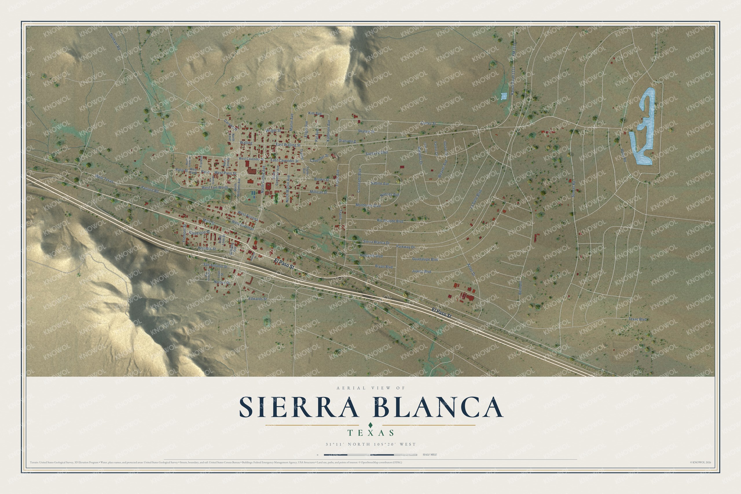 Full map of Sierra Blanca, Texas, with red buildings, printed street names and the land around them