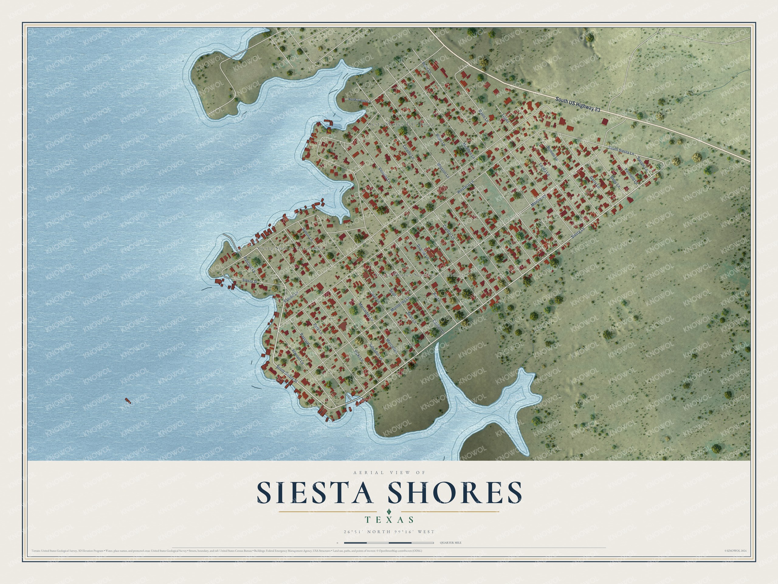Full map of Siesta Shores, Texas, with red buildings, printed street names and the land around them