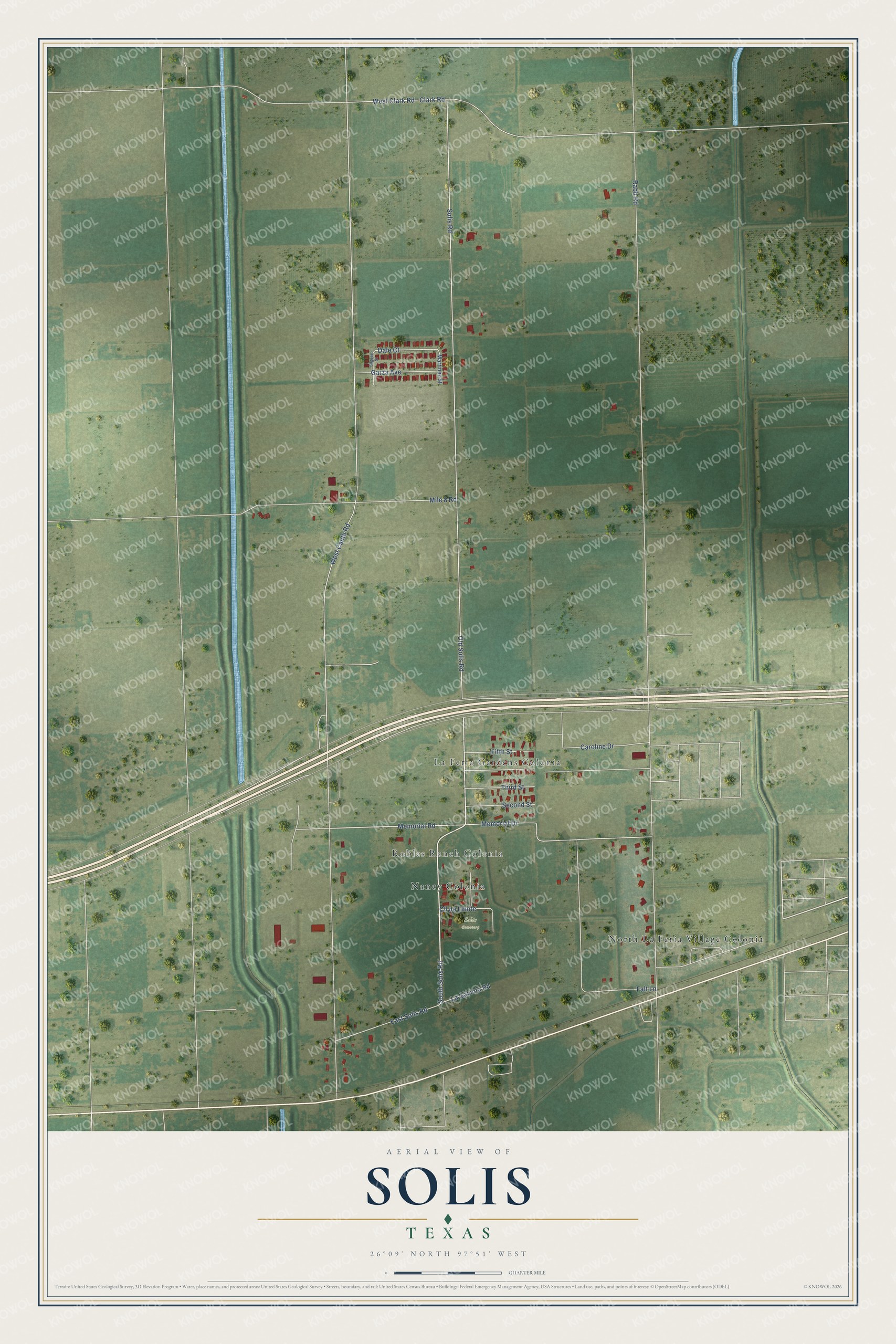 Full map of Solis, Texas, with red buildings, printed street names and the land around them