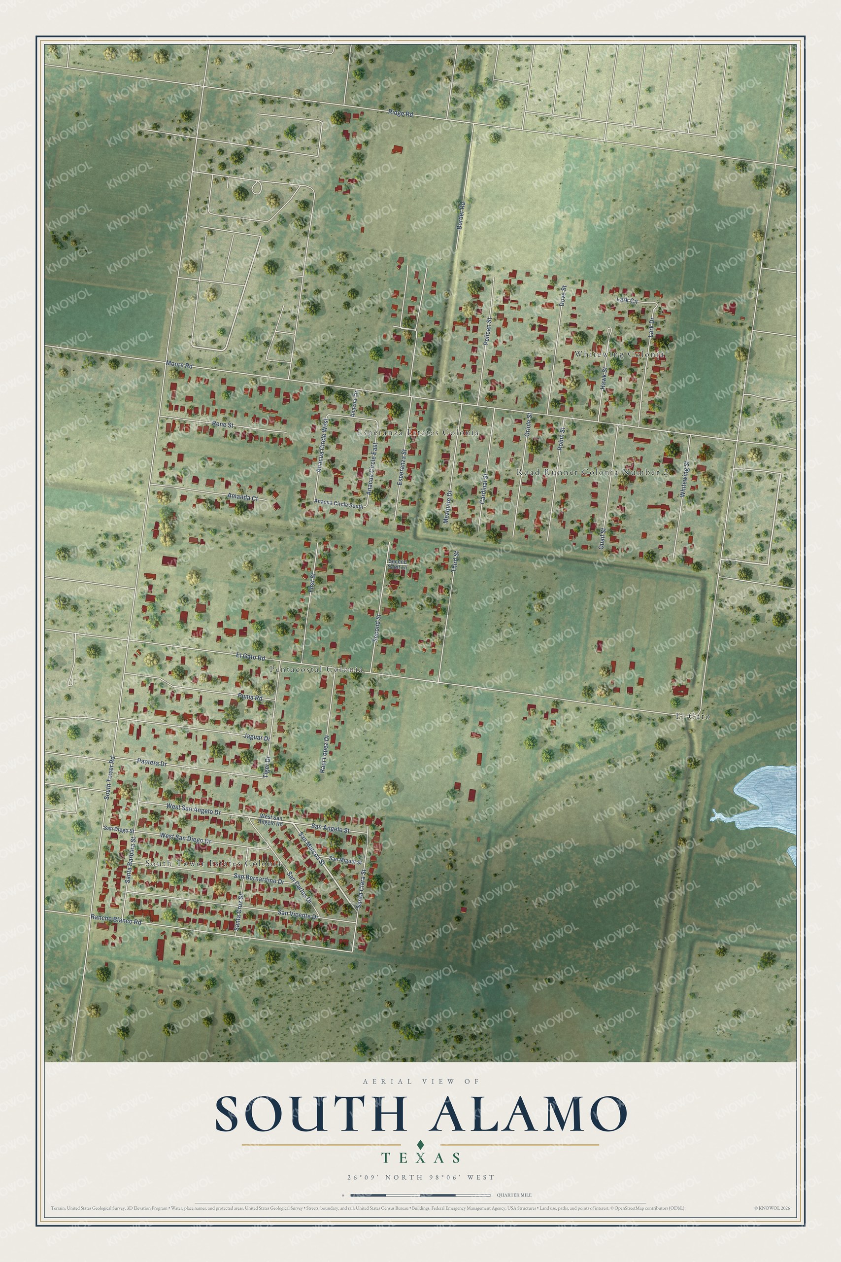 Full map of South Alamo, Texas, with red buildings, printed street names and the land around them