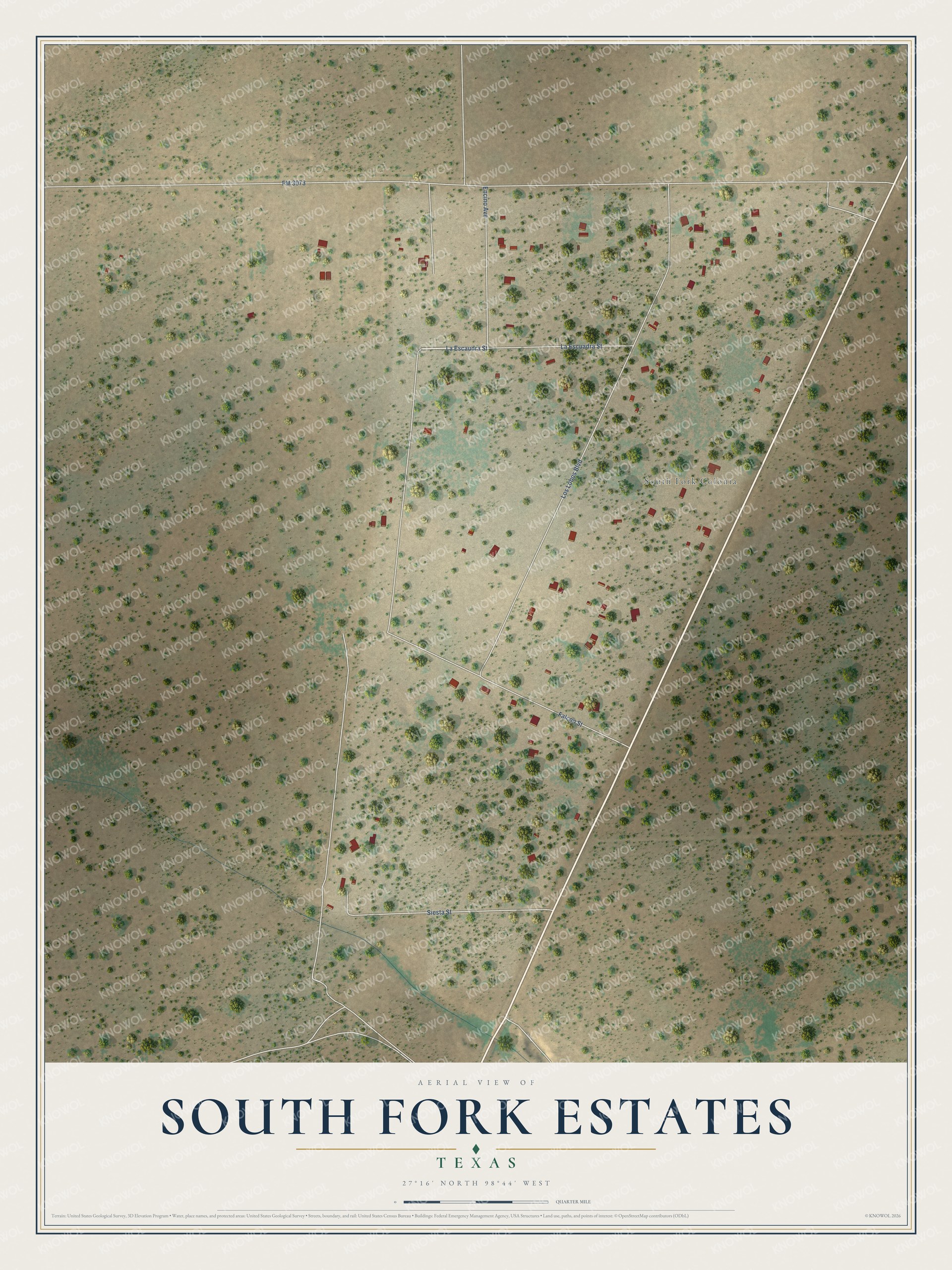 Full map of South Fork Estates, Texas, with red buildings, printed street names and the land around them