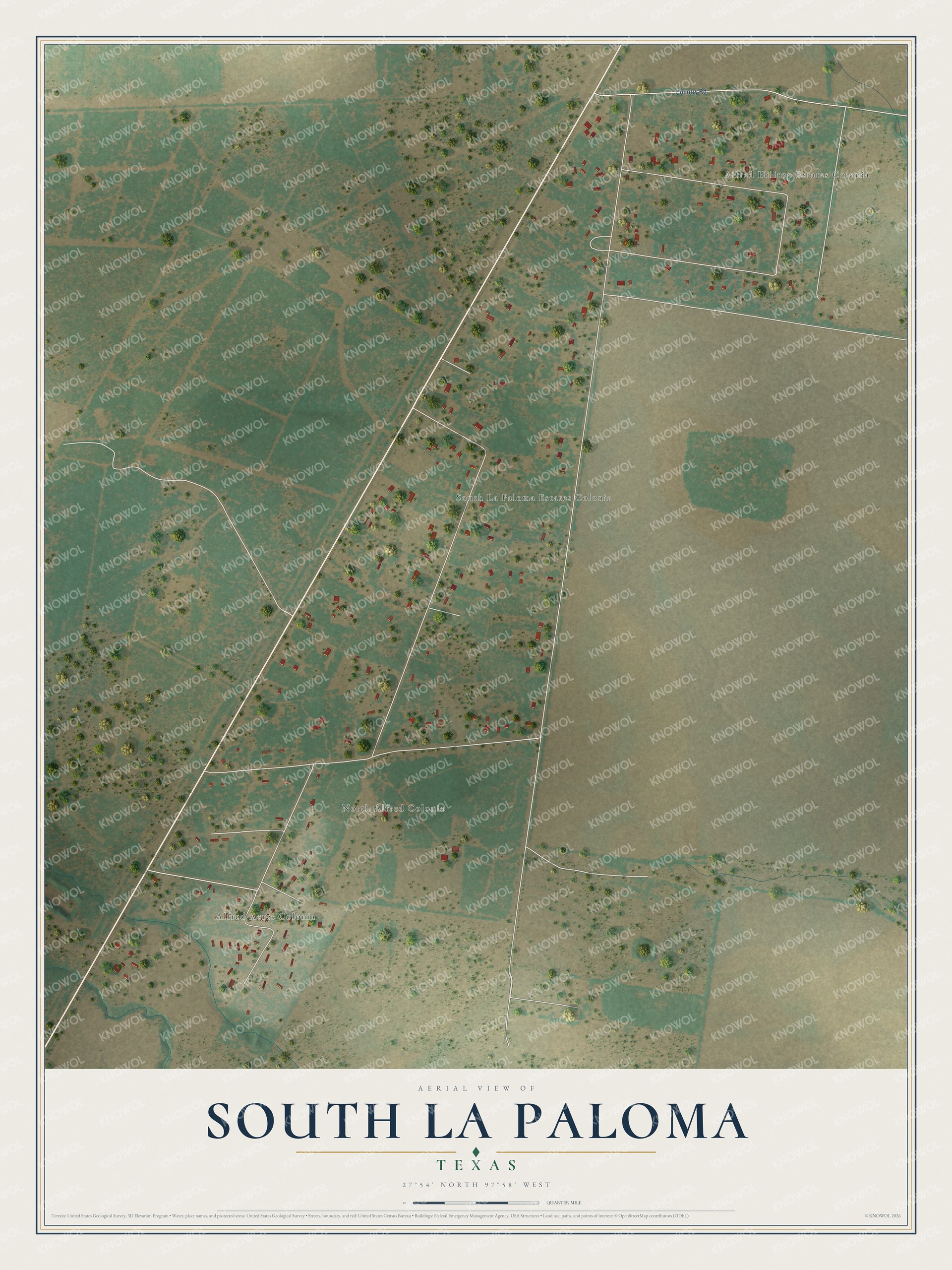 Full map of South La Paloma, Texas, with red buildings, printed street names and the land around them