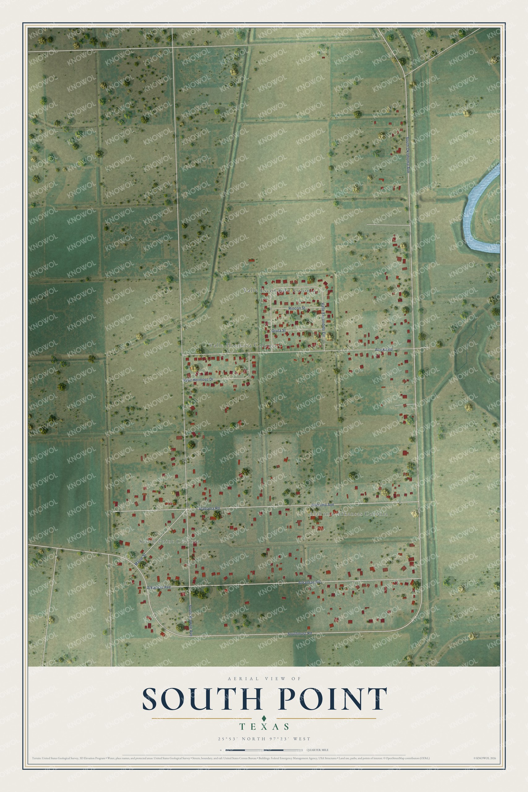 Full map of South Point, Texas, with red buildings, printed street names and the land around them