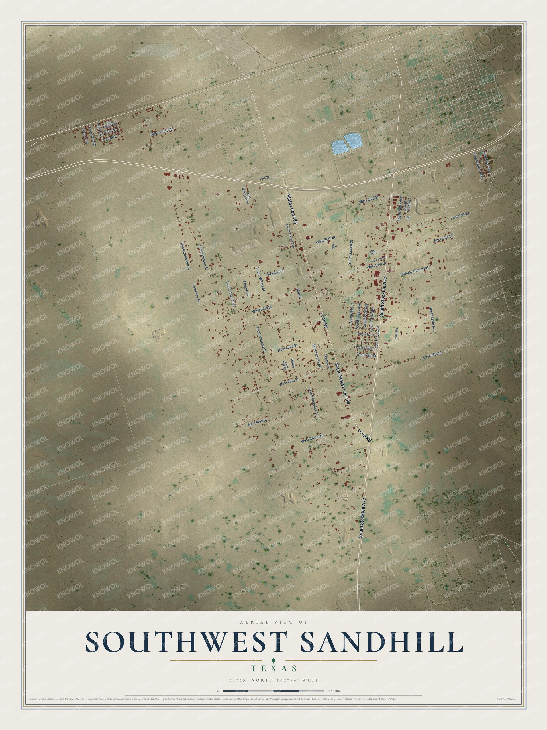 Full map of Southwest Sandhill, Texas, with red buildings, printed street names and the land around them