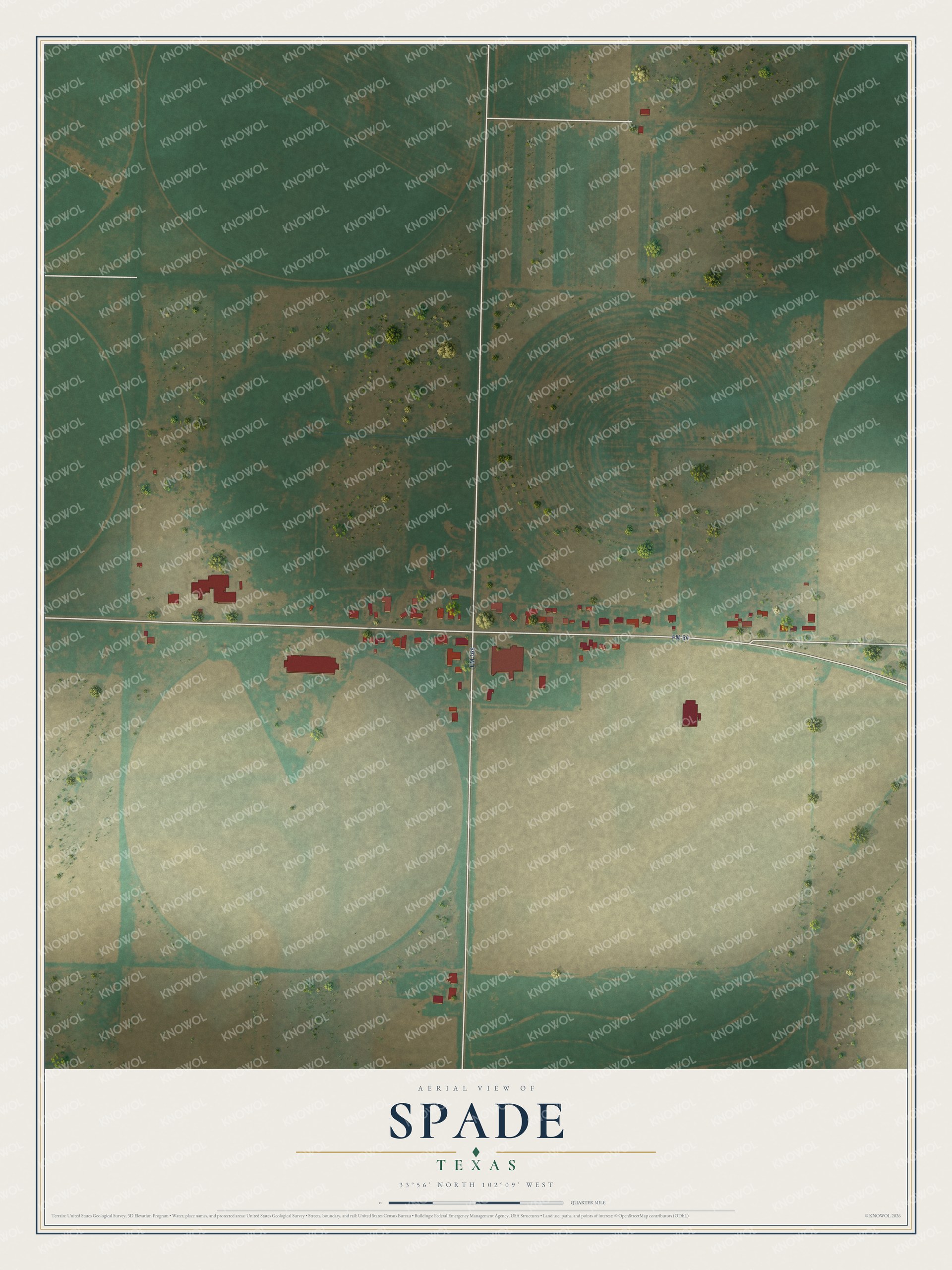Full map of Spade, Texas, with red buildings, printed street names and the land around them