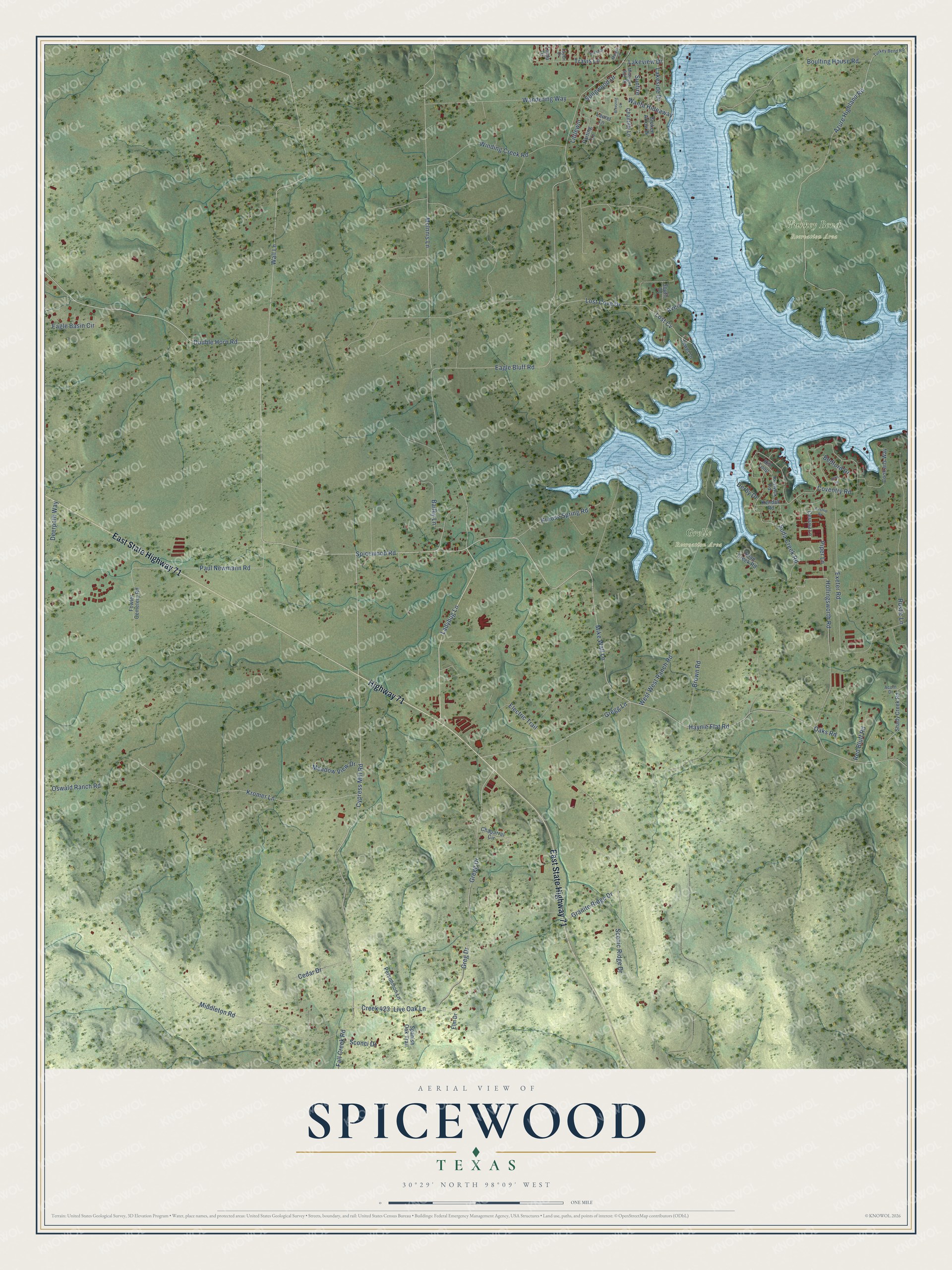 Full map of Spicewood, Texas, with red buildings, printed street names and the land around them