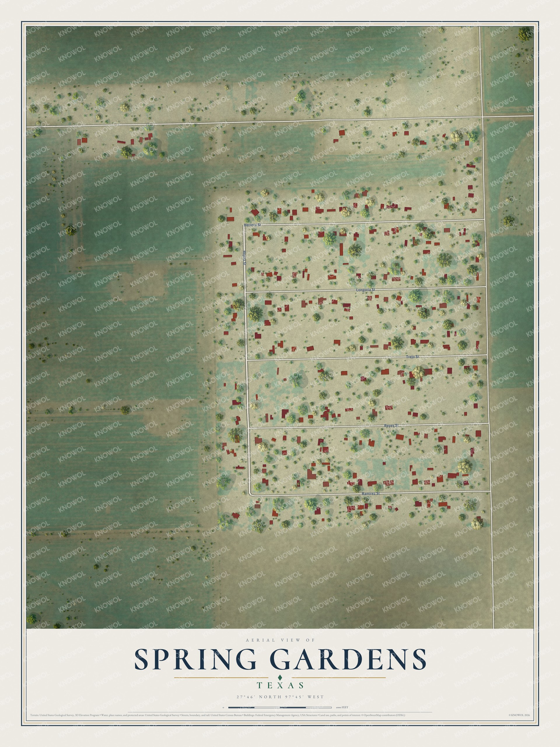 Full map of Spring Gardens, Texas, with red buildings, printed street names and the land around them