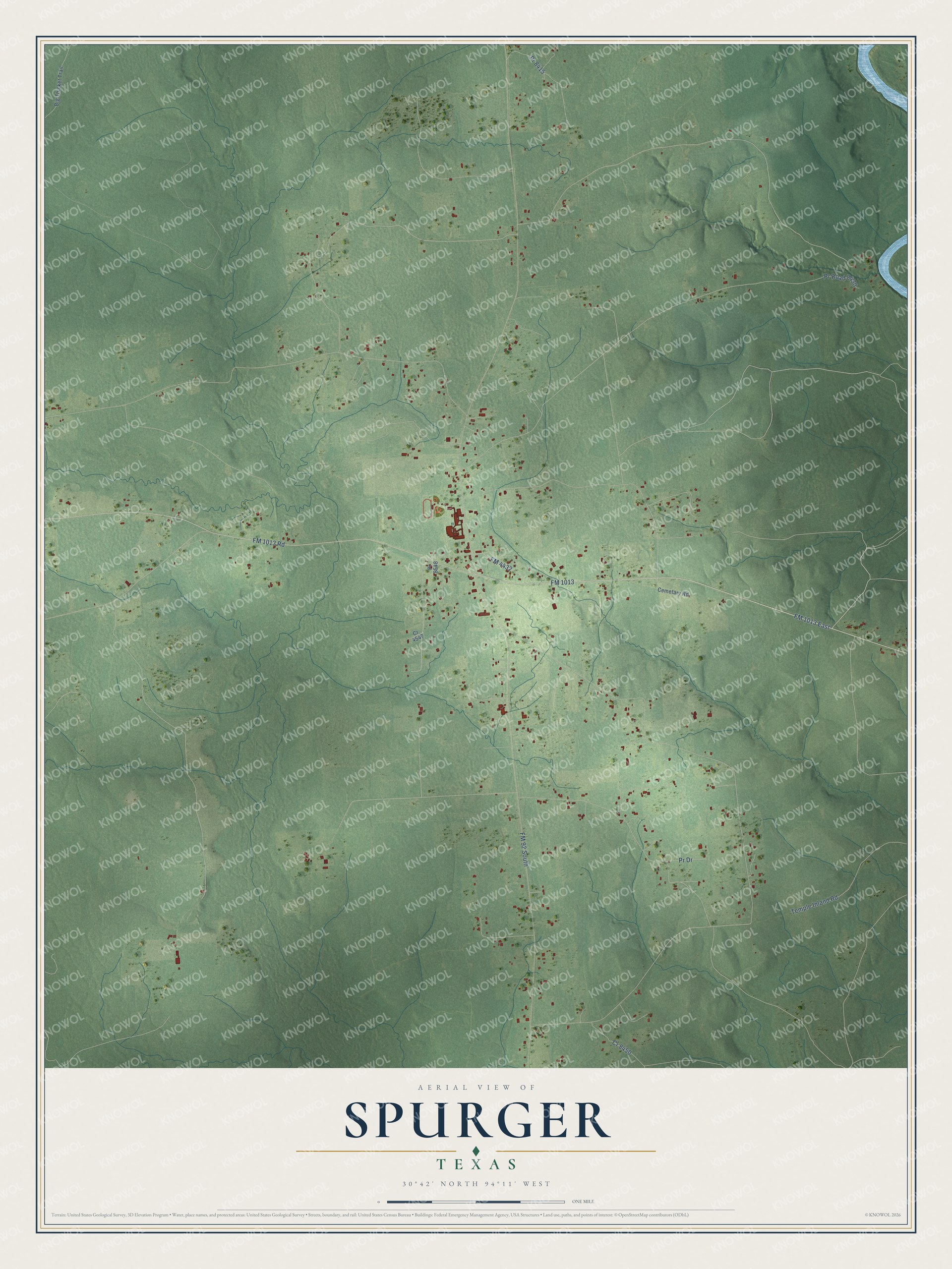Full map of Spurger, Texas, with red buildings, printed street names and the land around them