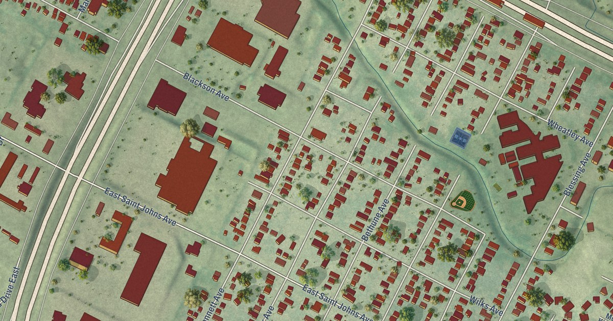 Close-up of streets and buildings in St. Johns, Texas