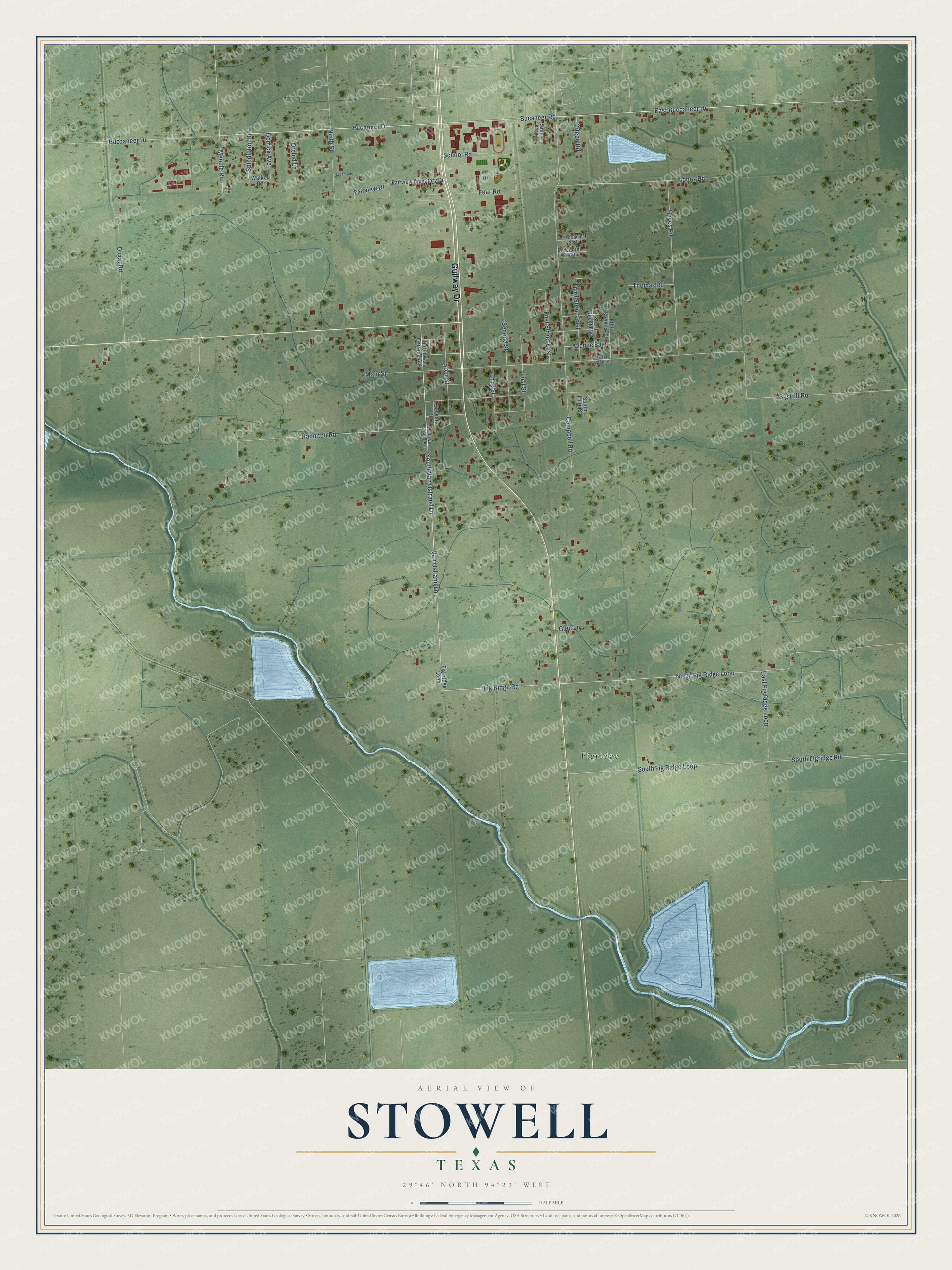 Full map of Stowell, Texas, with red buildings, printed street names and the land around them