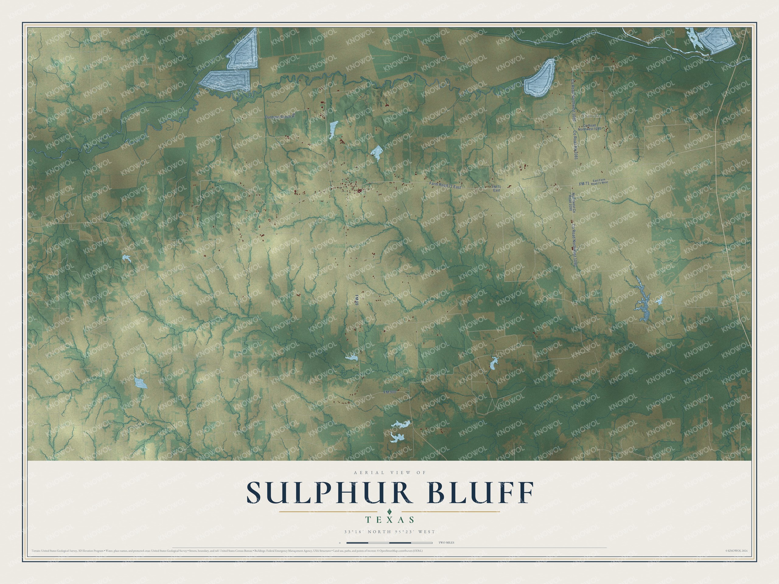 Full map of Sulphur Bluff, Texas, with red buildings, printed street names and the land around them