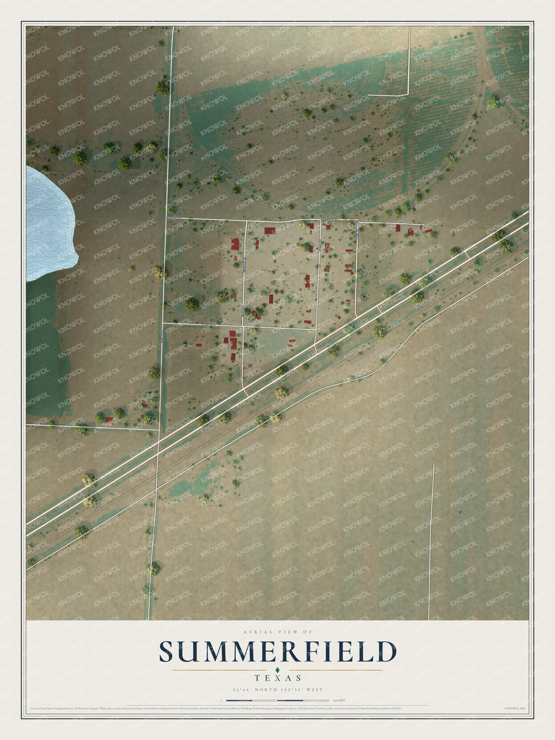 Full map of Summerfield, Texas, with red buildings, printed street names and the land around them