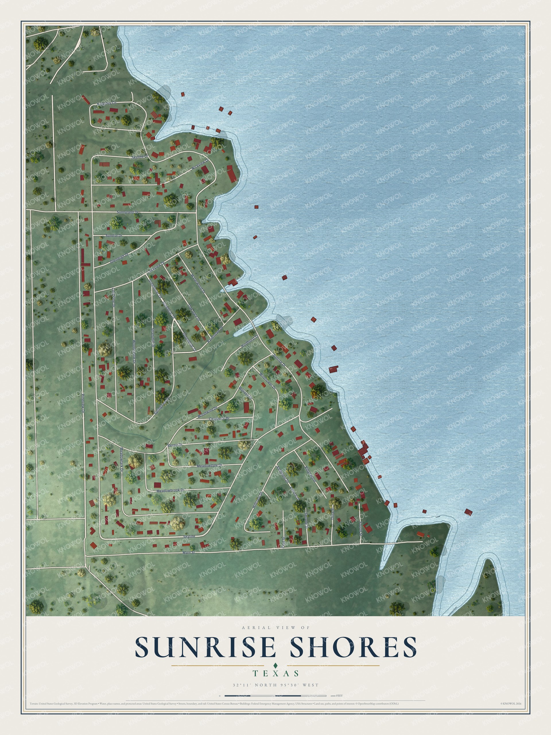 Full map of Sunrise Shores, Texas, with red buildings, printed street names and the land around them